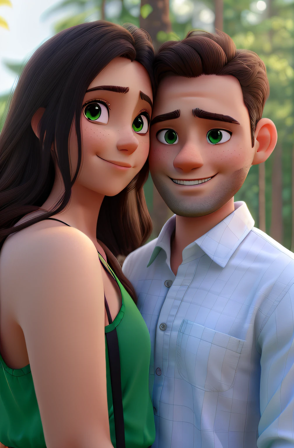 Couple hugging, she is wearing a green dress with a strap on one side and he is wearing a white shirt, both have dark brown eyes, natural background with trees