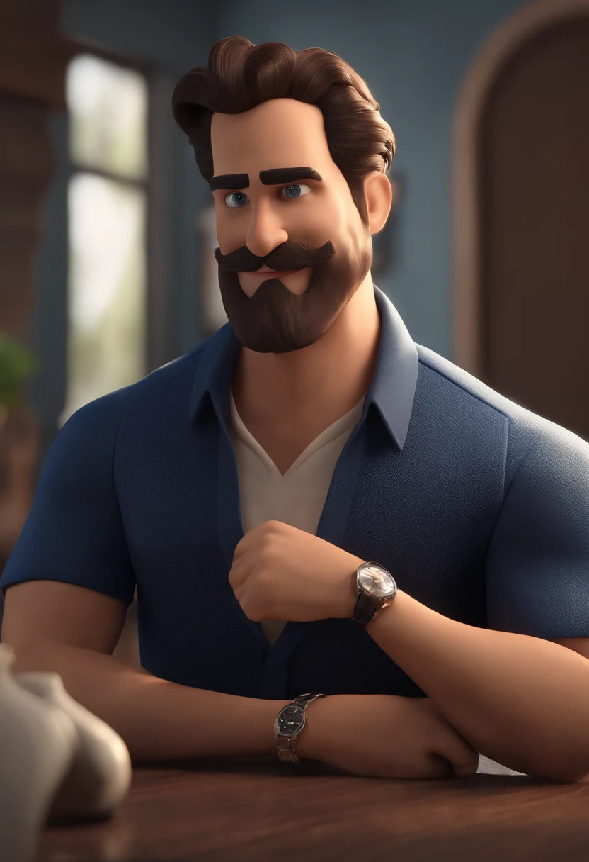 personagem dos desenhos animados de um homem moreno cabelo preto liso penteado pro lado usa bigode fino e uma camisa azul, animation character, Caractere estilizado, animation style rendering, 3D estilizado, Arnold Maya render, 3 d render stylized, toon render keyshot, Personagem 3D, Personagem 3D, 3d rendering stylized, 3 d character render, personagem de desenho animado, Personagem de close up, Pose de personagem, (Estilo Pixar) (master part:1.2) (Bokeh) (best quality) (pele detalhada) (textura detalhada) (8k) (argila) (Cinematic lighting) (foco nítido