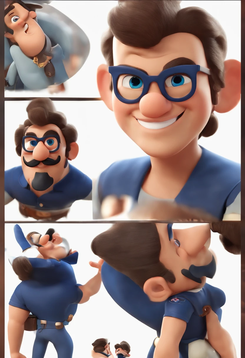 personagem dos desenhos animados de um homem moreno cabelo preto liso penteado pro lado usa bigode fino e uma camisa azul, animation character, Caractere estilizado, animation style rendering, 3D estilizado, Arnold Maya render, 3 d render stylized, toon render keyshot, Personagem 3D, Personagem 3D, 3d rendering stylized, 3 d character render, personagem de desenho animado, Personagem de close up, Pose de personagem, (Estilo Pixar) (master part:1.2) (Bokeh) (best quality) (pele detalhada) (textura detalhada) (8k) (argila) (Cinematic lighting) (foco nítido