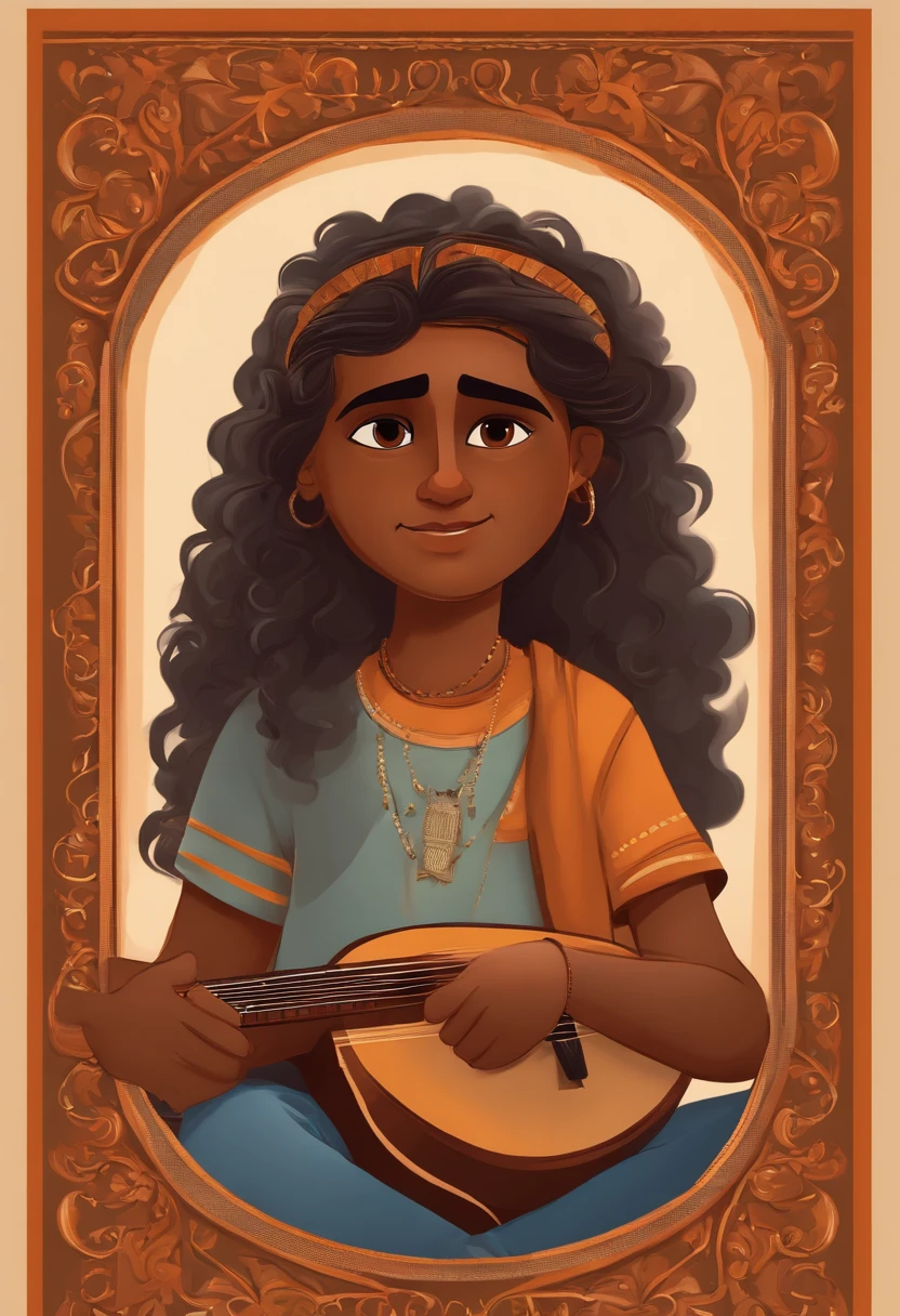 crie um banner no estilo Pixar. A boy with Indian features, moreno pardo com cabelos curtos, Castanhos escuros, Curly and slightly grayish appearance, mas jovem, usando uma camiseta, Wearing jeans and holding a classical guitar with 7 strings.
