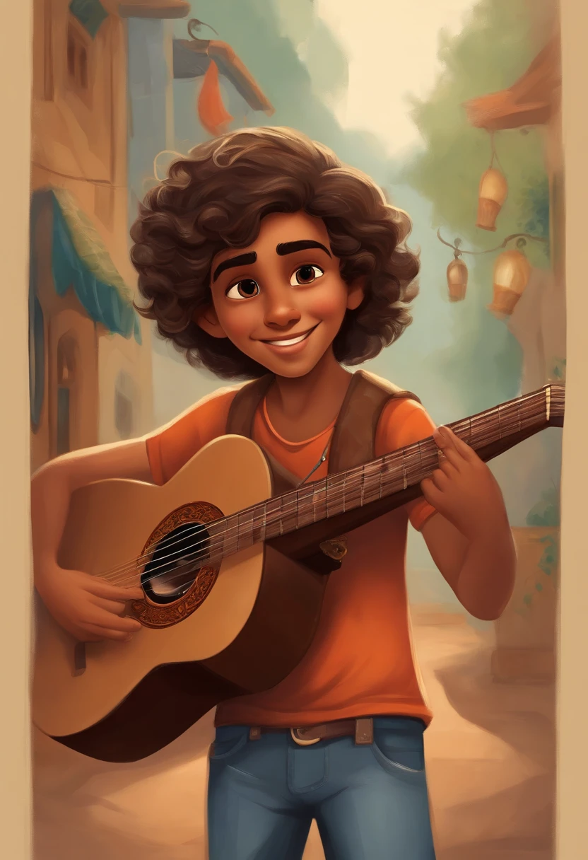 crie um banner no estilo Pixar. A boy with Indian features, moreno pardo com cabelos curtos, Castanhos escuros, Curly and slightly grayish appearance, mas jovem, usando uma camiseta, Wearing jeans and holding a classical guitar with 7 strings.