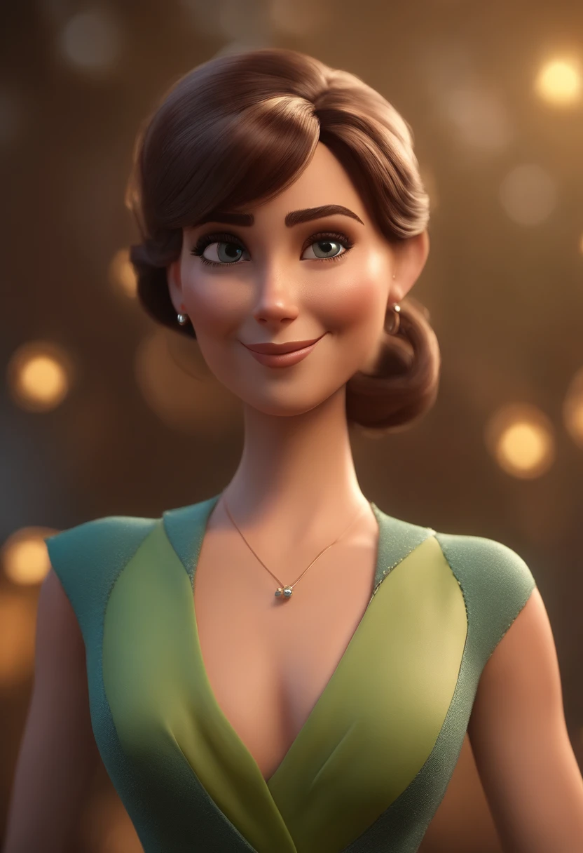 Imagem estilo Pixar com 3D personagem mulher morena cabelo cacheado curto, olhos castanhos e rosto fino , em torno de 30 anos , With lilac dress and a tattoo machine in her hand , Maquiagem Disney,Pescador, bonitinho, sorridente ,Close-up, Pixar, Disney, Cinema lighting,