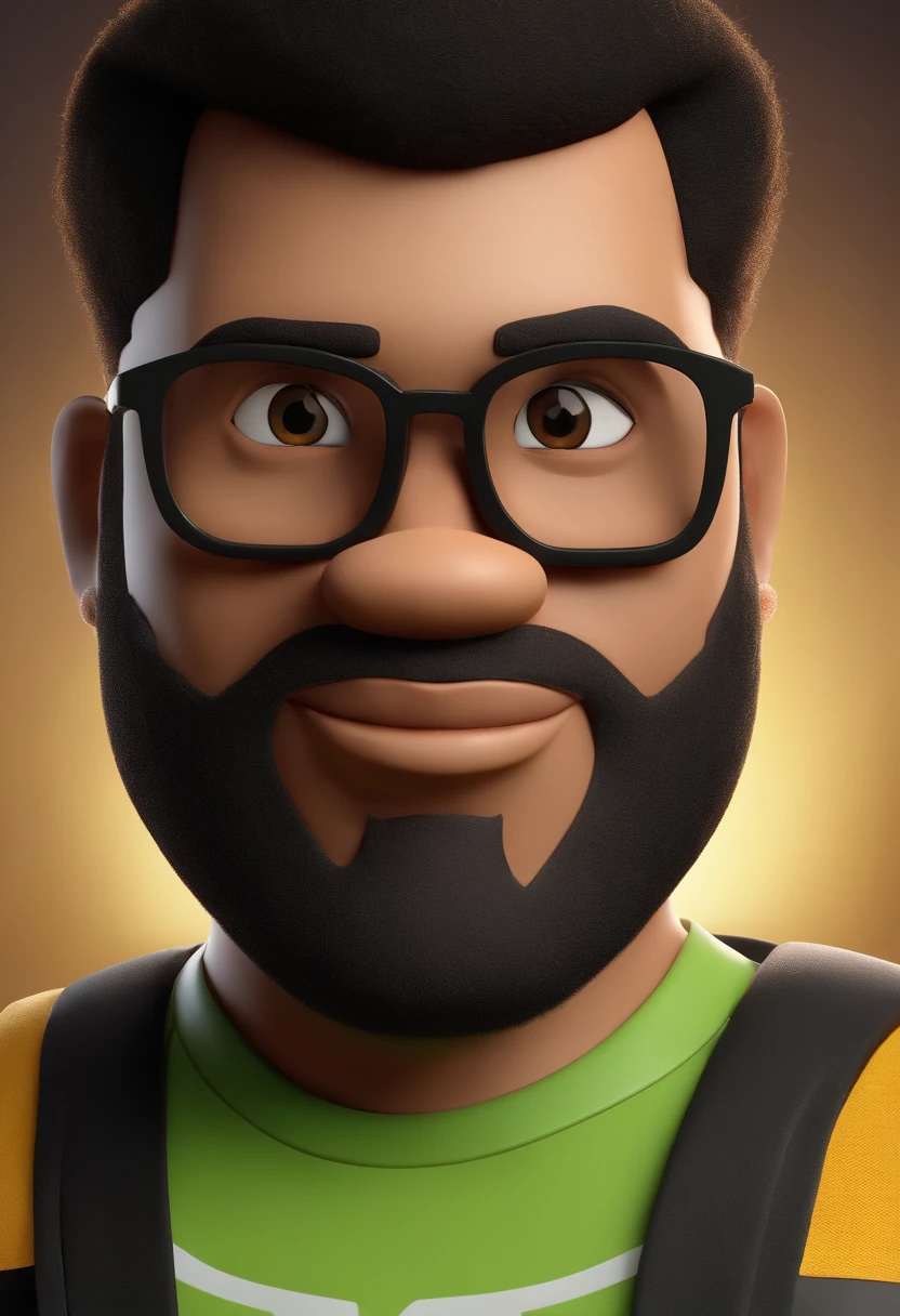 Cartoon character of a bald black man with beard and a ta, with black glasses with yellow lens, a green shirt, animation character, Caractere estilizado, animation style rendering, 3D estilizado, Arnold Maya render, 3 d render stylized, toon render keyshot, Personagem 3D, Personagem 3D, 3d rendering stylized, 3 d character render, personagem de desenho animado, Personagem de close up, Pose de personagem, (Estilo Pixar) (master part:1.2) (Bokeh) (best quality) (pele detalhada) (textura detalhada) (8k) (argila) (Cinematic lighting) (foco nítido