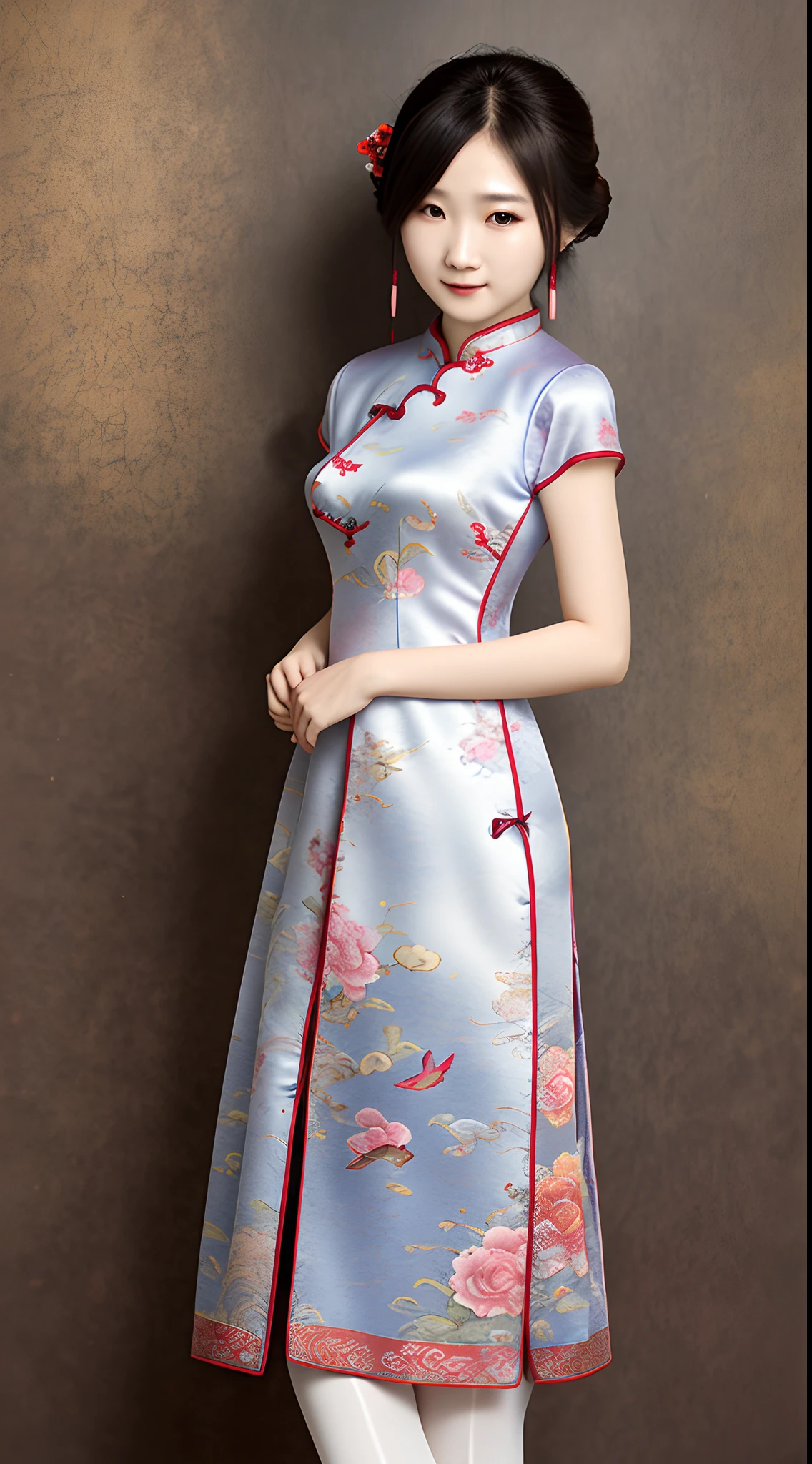 RAW photo, Best quality), (Realistic, photo-realistic:1.3), Best quality, Highly detailed, Masterpiece, Ultra-detailed, illustration, 1girll,8k wallpaper，ink，astounding，电影灯光，short detailed hair，on cheongsam，exteriors，the street，Stand up