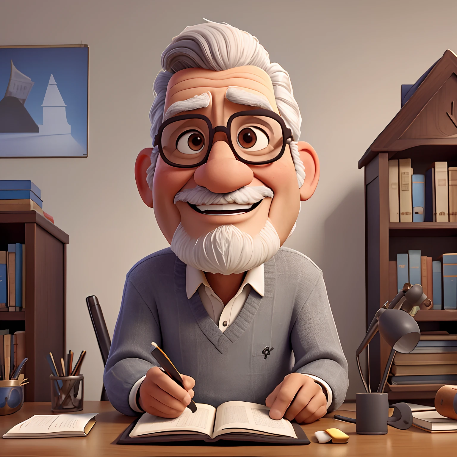 velho, inspirado na Disney Pixar, Inspirado pelo pastor ( Rubens Janeiro ) A gray-haired man wearing glasses in an office with a book on the table looking to the serious future, old man, cabelos grisalhos, um terno
