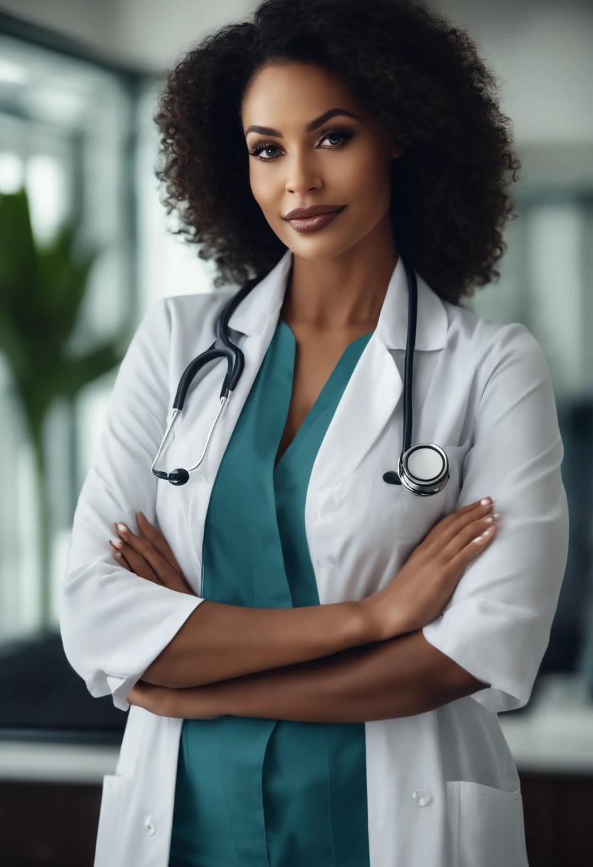 mulher bonita, pele negra e cabelos longos liso preto, roupa casual , olhos castanhos grandes e corpo mediano, Beautiful beautiful and sensual full body inside a doctor's office and wearing lab coat