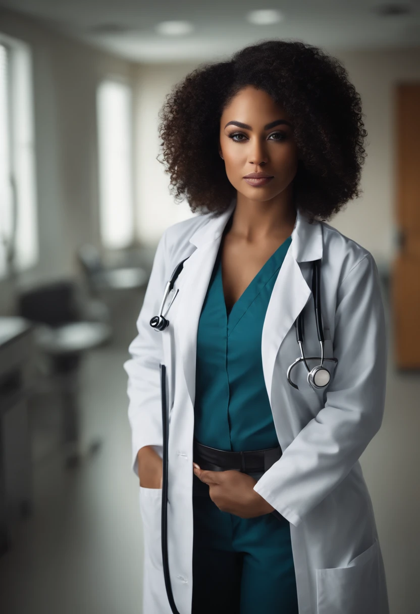 mulher bonita, pele negra e cabelos longos liso preto, roupa casual , olhos castanhos grandes e corpo mediano, Beautiful beautiful and sensual full body inside a doctor's office and wearing lab coat