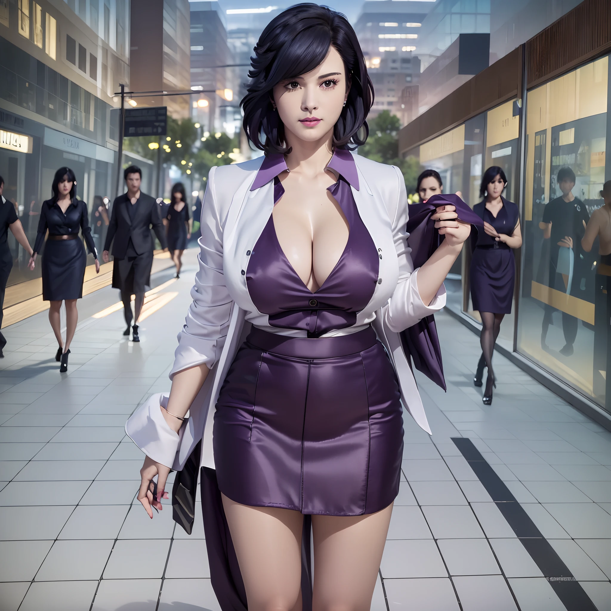 (1girl in:2.0, Solo:2.0, saeko_city hunter, white jacket, purple shirt, collared shirt, pencil skirt, hyper mini skirt, garter:1.2, shoulder bag, high heels), (((Shallow depth of field))), (Photographic realism: 1.3), (masterpiece:1.1, Absurd quality:1.1), an extremely delicate and beautiful one, Extremely detailed, 16k wallpapers, Stunning appearance, Fine details, Highly detailed ticker uniform 16k wallpaper, super detailed, 超A high resolution, Soft lighting Next, short length bangs, jet-black hair)), Beautiful detailed girl, Ultra High Definition Fingers, Perfect Finger, With perfect arms, extremely detailed eye and face, Light on the Face, Mature Face, Realistic face, Perfect slim body, Beautiful slender thighs, (ultra gigantic tits:1.5, SuperHuge boobs:1.5, ultra gigantic tits:1.5, ultra huge cleavage:1.5), (walking in the street, shopping, Full body shot),