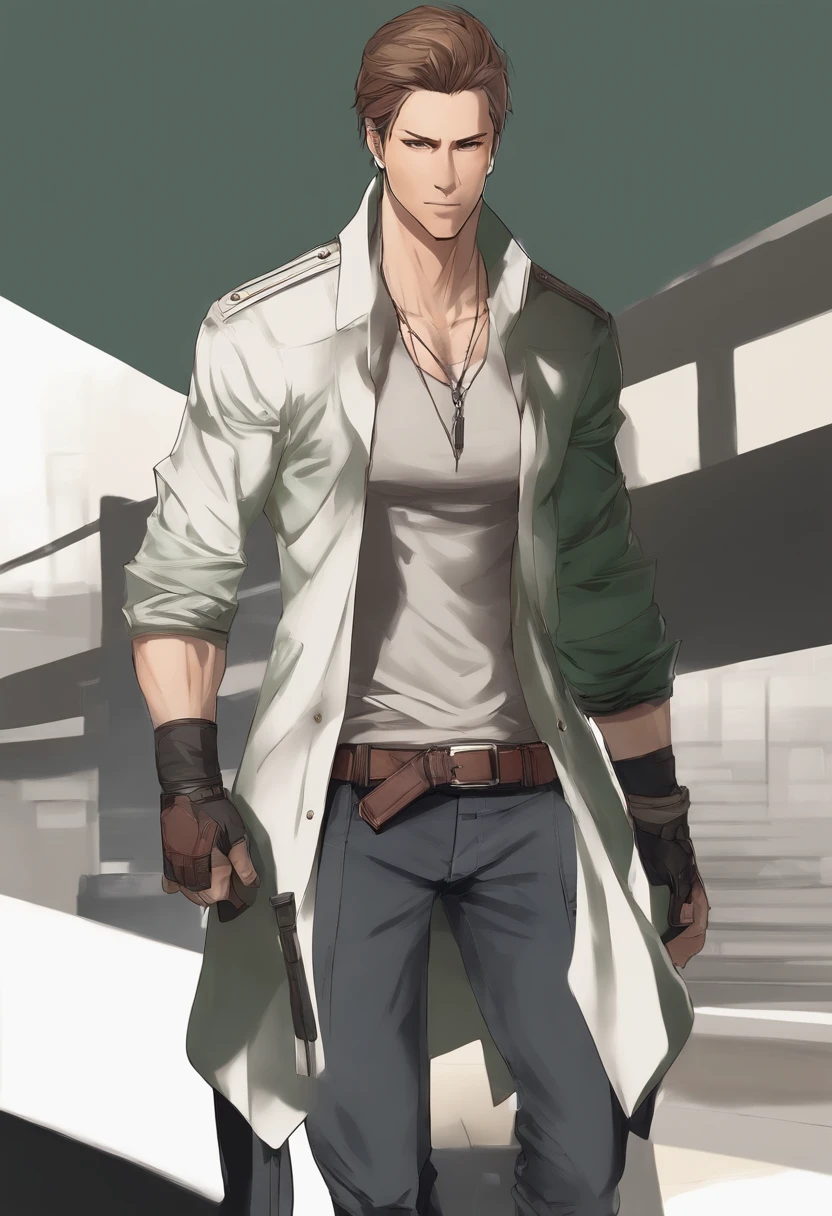 personagem ANIME homem, corpo inteiro, Standing, forte, longos cabelos loiros, ((design sketches)), (master part), extremamente detalhado, (projeto original reservado), (random poses), Leader, (Exclusive accessories), (garments, colete verde, jeans), (rosto barbudo) profissionalmente retocado, fundo branco, (macho: 1.1) artes marciais, parkour (Caucus clothes jeans r: 0.8), (sujo: 1.1), (movimento: 0.8), (jovem: 1.3), (carreira: 0.6) (Conceito Silent Hill) (conceito de resident evil)