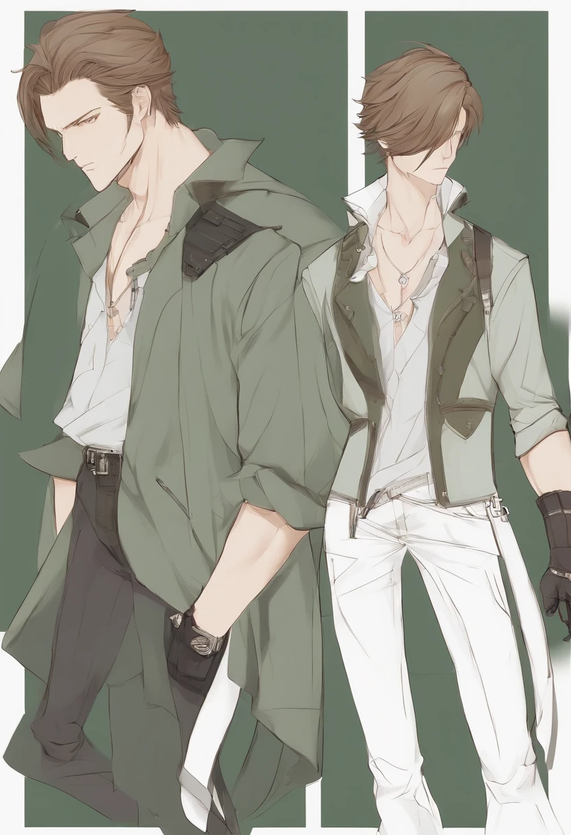personagem ANIME homem, corpo inteiro, Standing, forte, longos cabelos loiros, ((design sketches)), (master part), extremamente detalhado, (projeto original reservado), (random poses), Leader, (Exclusive accessories), (garments, colete verde, jeans), (rosto barbudo) profissionalmente retocado, fundo branco, (macho: 1.1) artes marciais, parkour (Caucus clothes jeans r: 0.8), (sujo: 1.1), (movimento: 0.8), (jovem: 1.3), (carreira: 0.6) (Conceito Silent Hill) (conceito de resident evil)