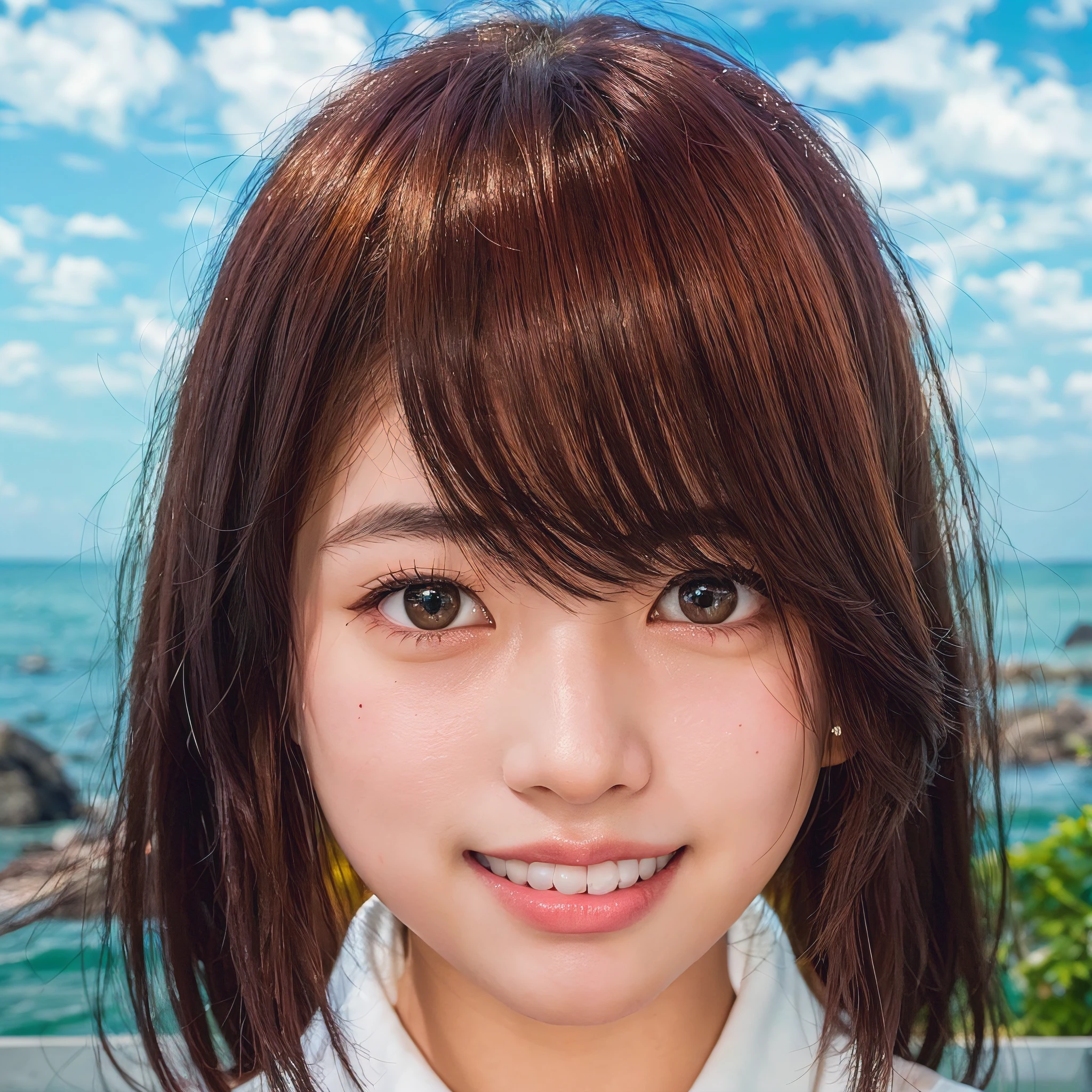 (8K、top-quality、​masterpiece:1.2)、(realisitic、Photorealsitic:1.37) Hi-Res、The ultra-detailliert、1 Girl Asian, cute little, Cute face, 独奏, Short hair 1.2, Textured skin, beautiful smiling face, Beautiful detailed sky, Detailed Cafe, natta, 电影灯光, depth of fields, Lens flare light、