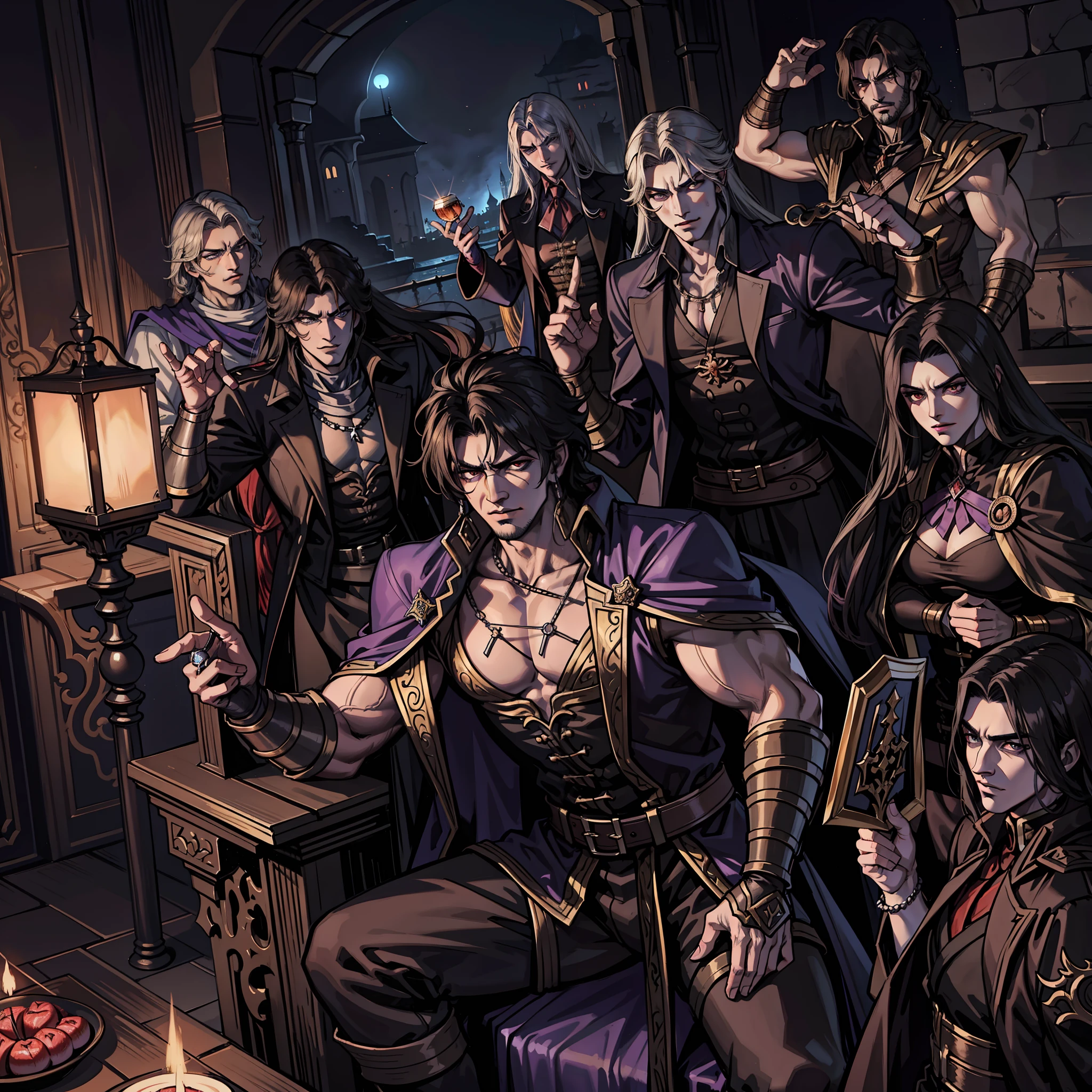 Castlevania Hyper Realistic Lord of Shadows Super Detailed Moroccan Arabic Lord Dracula Muscular Hokuto no Ken kenshiro , fearless, Scary handsome man leading an army of jinns 10 jinns around him War Battle Atmosphere Portrait