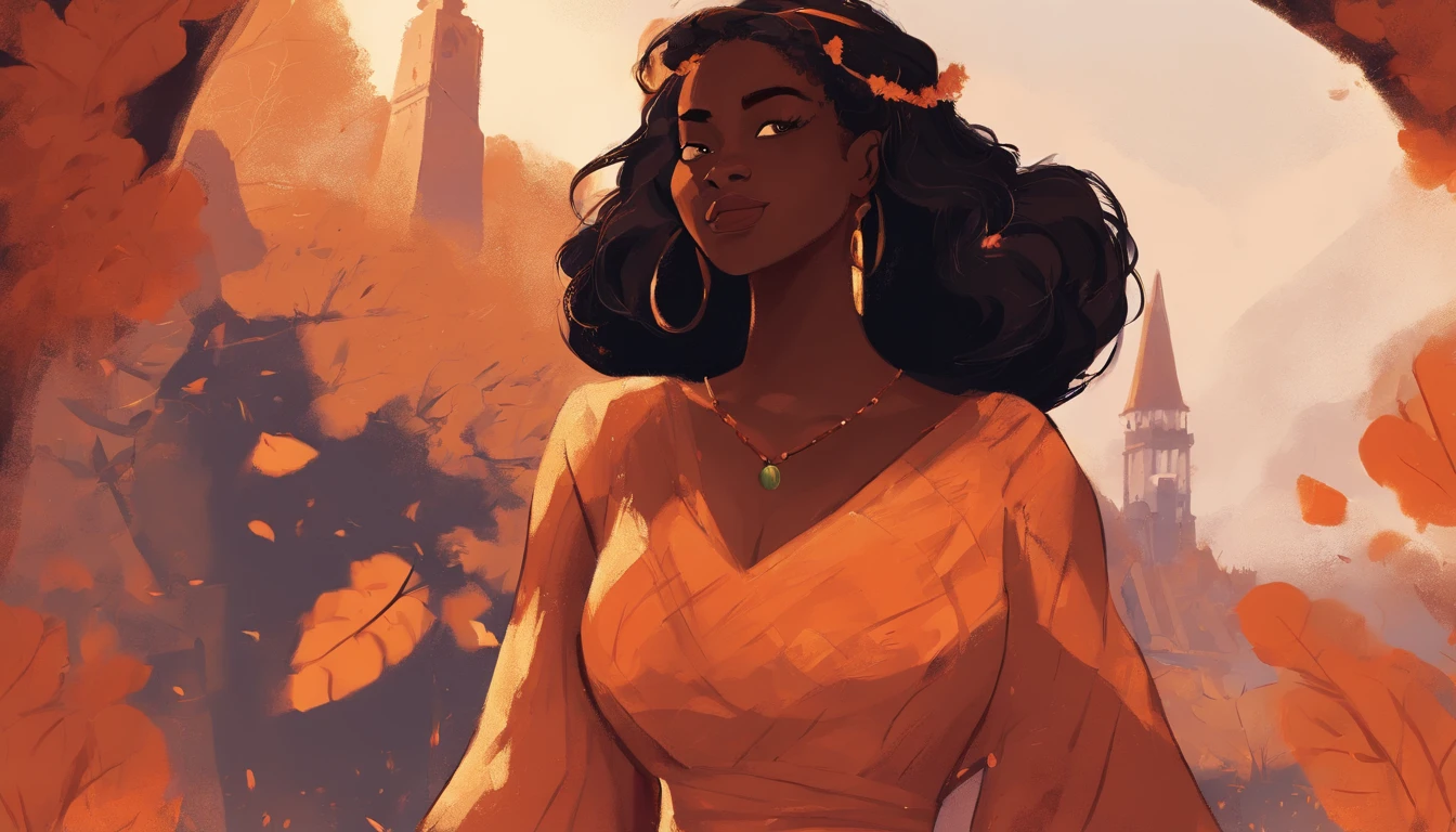 Capa de filme estilo disney, black girl, de olhos escuro, pele escura, tirando uma selfi sorridente, com um vestido laranja