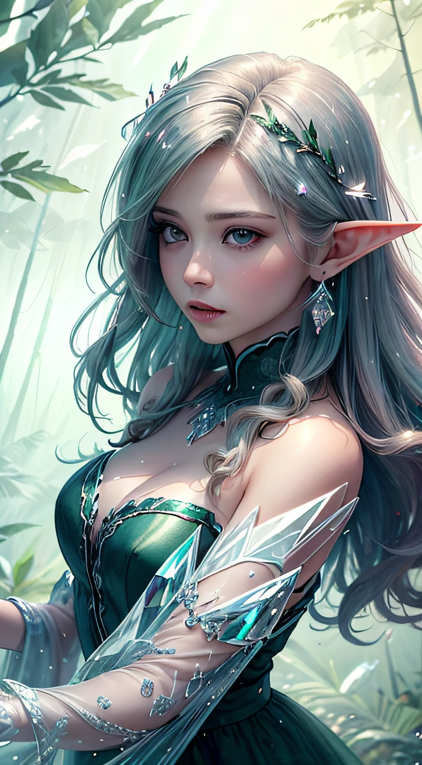 (Masterpiece, Top Quality, Best, Official Art, Beautiful and Aesthetic, Long Exposure: 1.2), Smooth Movement, Charming Patterns, 1 Girl, (Long Dress with Sleeves: 1.3), (((Green Clothes) )), upper body close-up, bare shoulders, Chinese girl, blush, black lob hair, portrait, solo, upper body, looking at the observer, detailed background, detailed face, (crystallineAI, crystalline theme:1.1), elemental wood elf, rotation foliage, control foliage, emerald clothing, dynamic pose, floating particles, ethereal dynamics, foliage, vapor, forest in the background, green tint, forest, ethereal atmosphere,