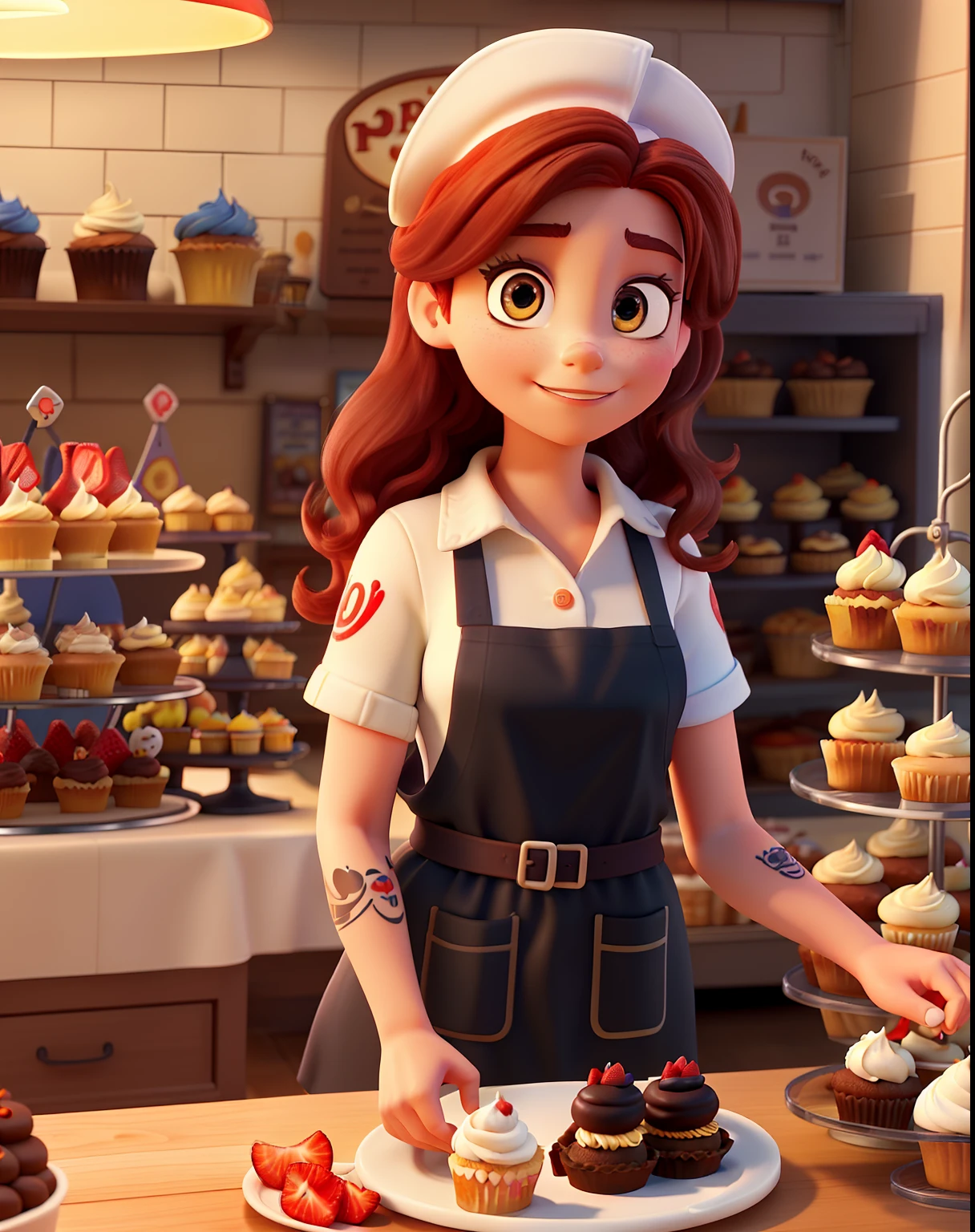 "3D poster inspired by Disney Pixar: A pastry chef illuminated by the light of a lamp, with fair skin, red hair, dark brown eyes, one of her arms adorned with tattoos, a black apron, in the background of a bakery. The woman is frosting a cream cake, and on the table, there's a mixer, cupcakes, brownies, and strawberries."