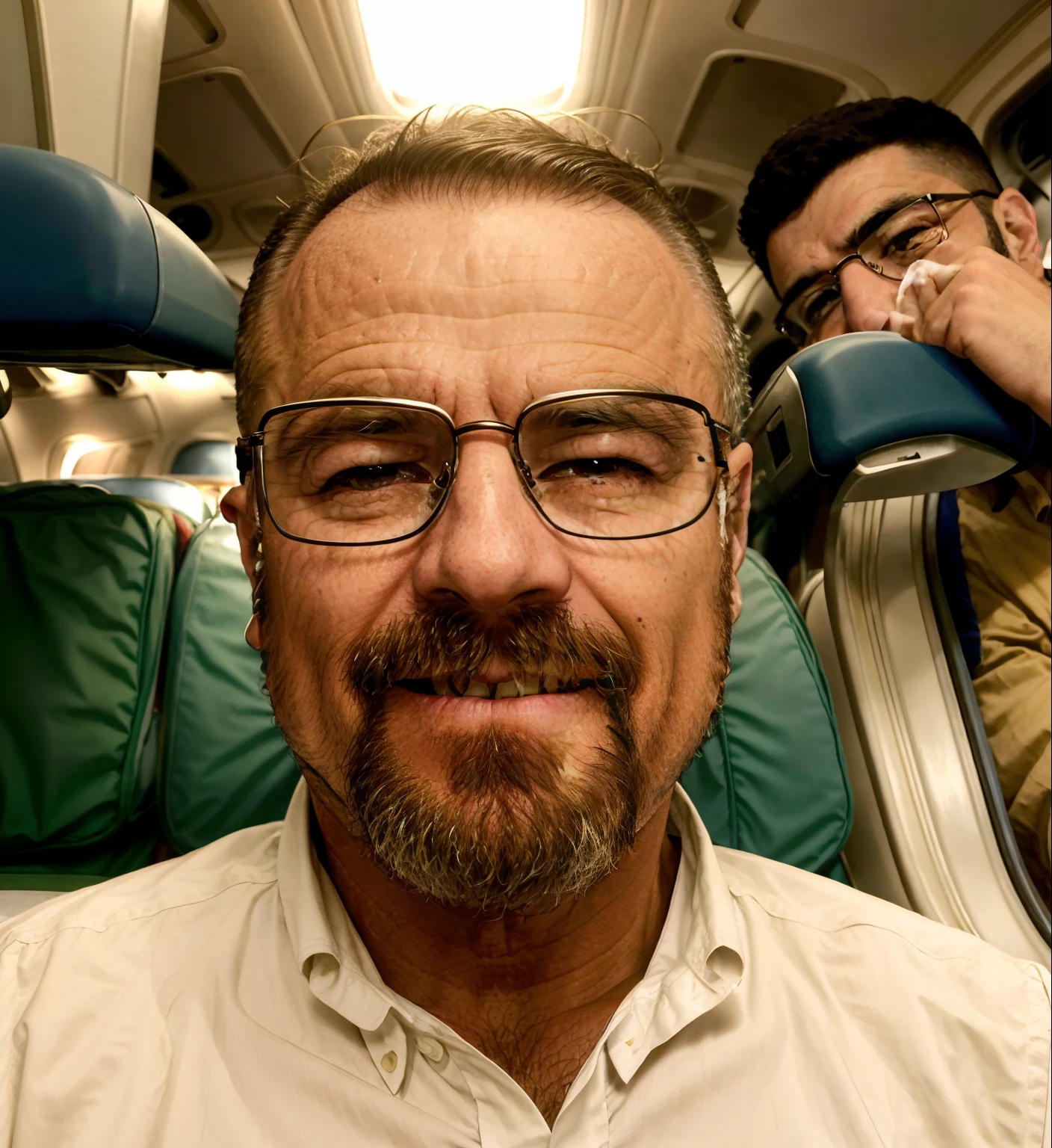 Man with glasses and beard smiling sitting on an airplane, Sam Nassour, Ted Nasmit, Ahmad Merheb, Sayem Reza, Mahmud Barzanji, muito ligeiramente sorridente, Mohamed Chahin, Hicham Habchi, George Doutsiopoulos, Emad Mostaque, Farid Ghanbari