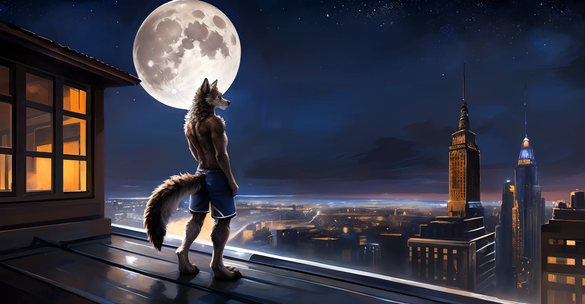 ((Solo)), male people, anthro wolf, (Multi-colored fur, White-brown:1.3, White tail pointed), (Height 2.3 meters,Tail length 1.2m), ((Wolf face, White hair, Big eyes, White eyelids, Blue pupil, Slim:1.2) (Tough, Calm expression:1.2)), Abs, Slim, pinging)), (Correct body anatomy), (Work shorts:1.1), The upper body is naked, (detailed outfits),A long big tail,Feet,Long legs,(Realistic fur, Detailed fur texture, labeled:1.3)), (Natural lighting), Photorealistic, Hyperrealistic, ultradetailed, by Kenket,In the modern city,Roof roof,the night,Sit alone,Look at the full moon,It was dark,Starry