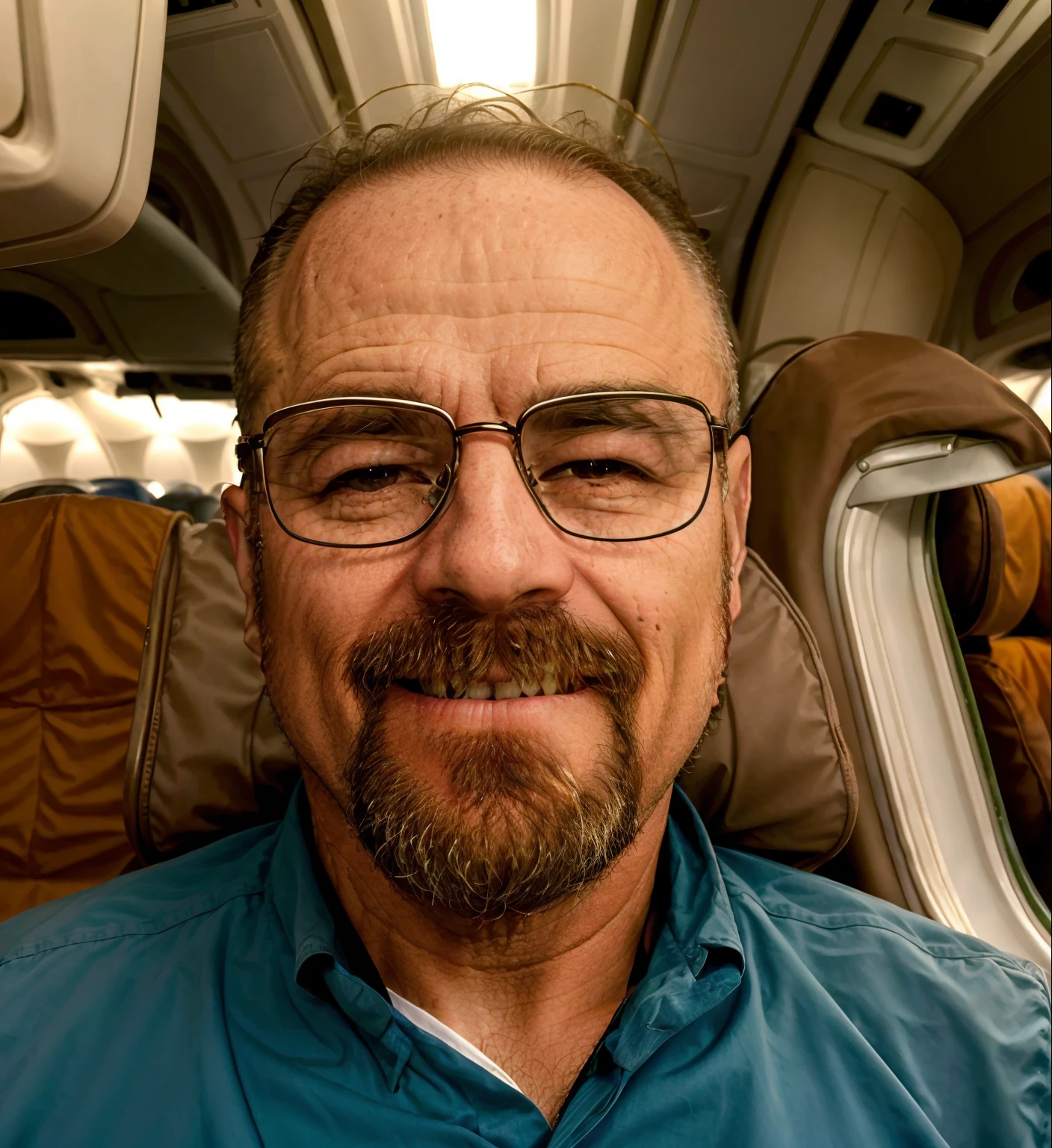 Man with glasses and beard smiling sitting on an airplane, Sam Nassour, Ted Nasmit, Ahmad Merheb, Sayem Reza, Mahmud Barzanji, muito ligeiramente sorridente, Mohamed Chahin, Hicham Habchi, George Doutsiopoulos, Emad Mostaque, Farid Ghanbari