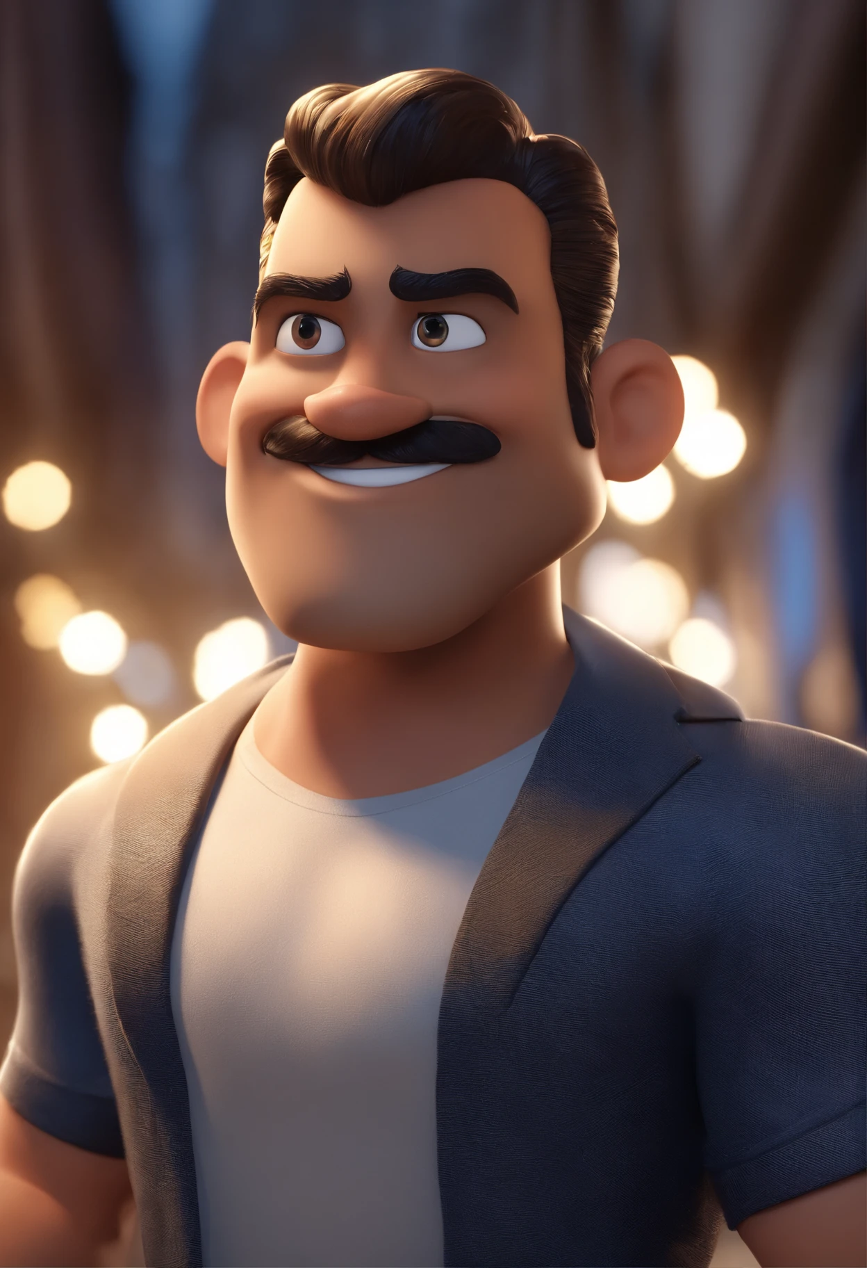 personagem dos desenhos animados de um homem moreno cabelo preto liso penteado pro lado usa bigode fino e uma camisa azul, animation character, Caractere estilizado, animation style rendering, 3D estilizado, Arnold Maya render, 3 d render stylized, toon render keyshot, Personagem 3D, Personagem 3D, 3d rendering stylized, 3 d character render, personagem de desenho animado, Personagem de close up, Pose de personagem, (Estilo Pixar) (master part:1.2) (Bokeh) (best quality) (pele detalhada) (textura detalhada) (8k) (argila) (Cinematic lighting) (foco nítido