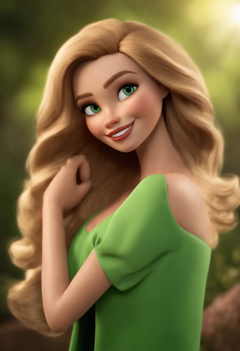 Imagem estilo Pixar com personagem 3D mulher branca, olhos verdes misturado com verde folha seca, Dark blonde straight hair with wavy ends light blonde dancing, Maquiagem Disney,Pescador, bonitinho, sorridente ,Close-up, Pixar, Disney, Cinema lighting,