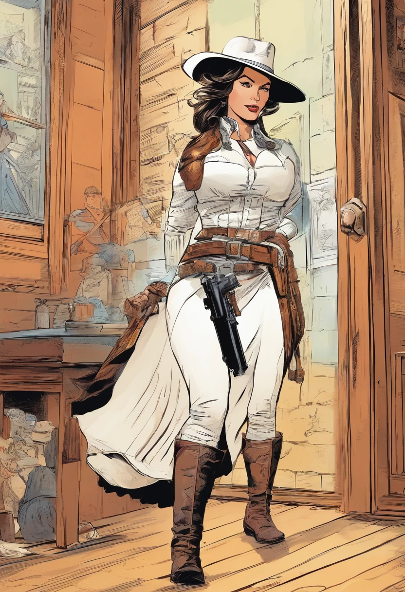 Action scene in a Western movie, mulher plus size, cavelo crespo, vestido com um casaco branco de trincheira, blouse and cowboy hat enters a hall with drawing pistols ((apontou para o espectador)). corpo inteiro