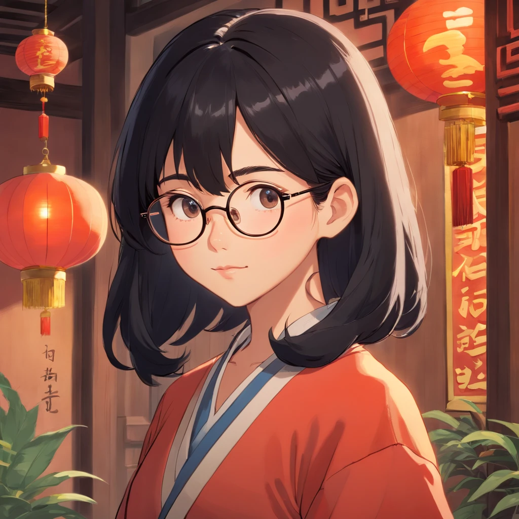 chinese girl in her 20's, medium length black hair, round face, chubby, black glasses, serious bitch face, smirking, posing for portrait, mood professional elegant, background offic with magical ambiance