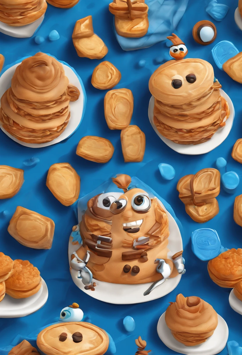 personagem estilo pixar homem de terno azul, com pasteis ao fundo