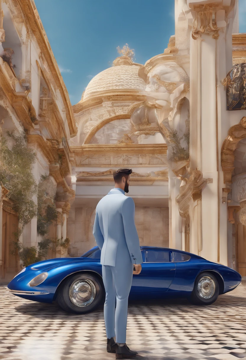 personagem estilo pixar homem de terno azul, com pasteis ao fundo