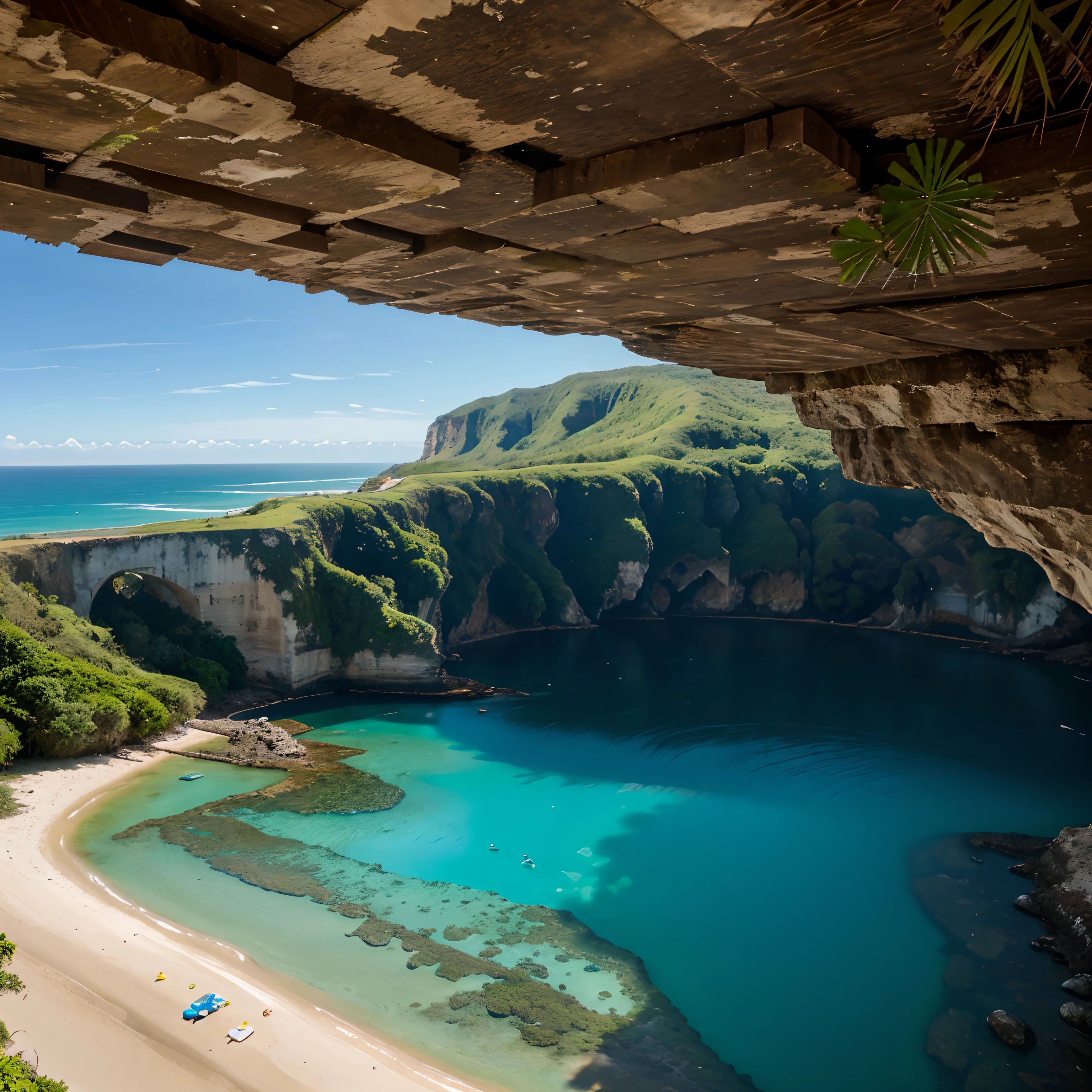 Lugar paradisiaco com mar  de aguas cristalinas vista de cima com montanhas