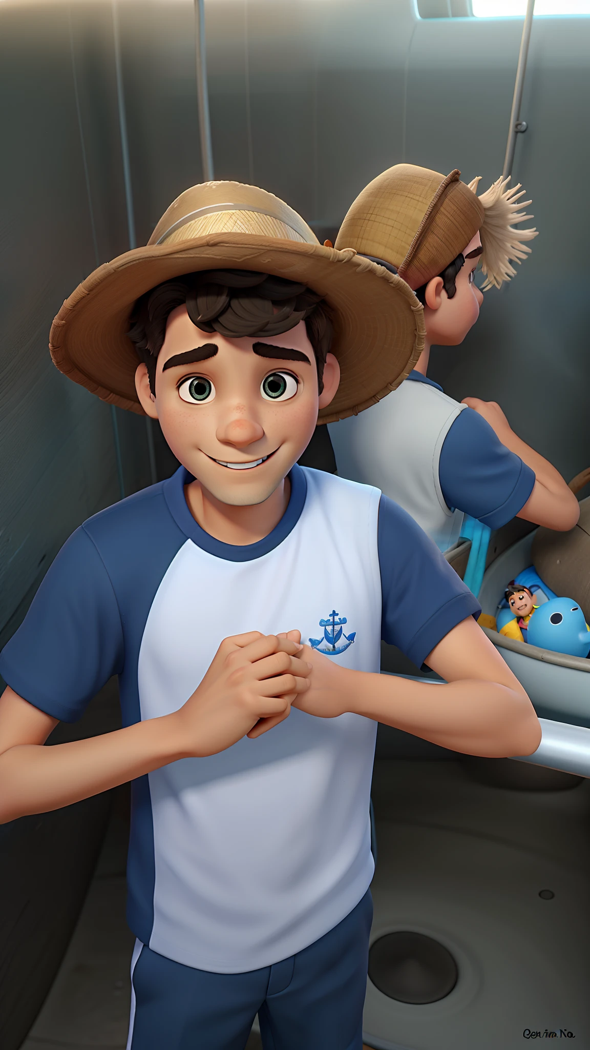 Menino na beira do mar com navios piratas ao fundo no estilo Disney pixar com alta qualidade