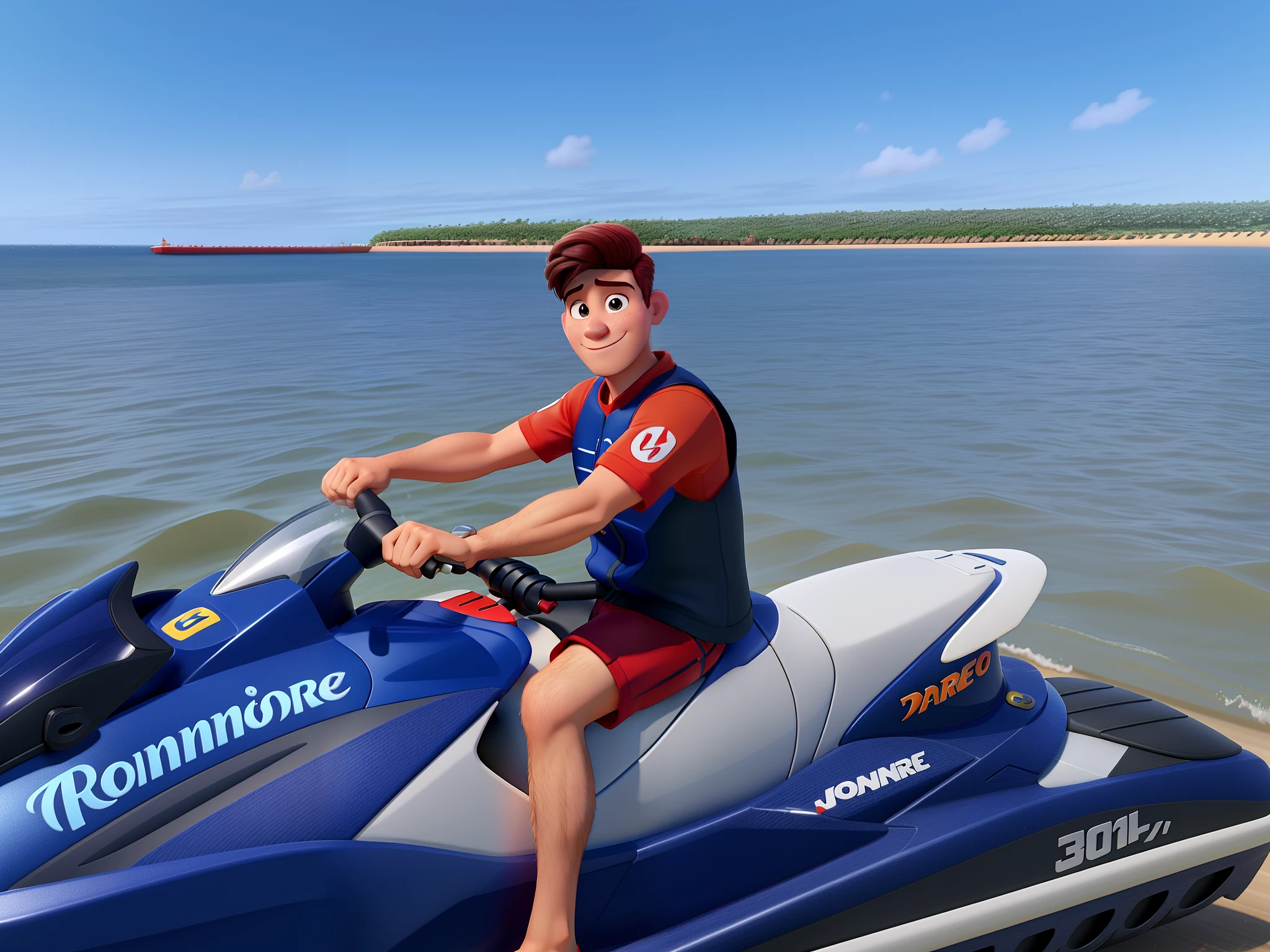 Um homem moreno estilo disney pixar parada, alta qualidade, melhor qualidade, sentado em um jet ski em uma praia