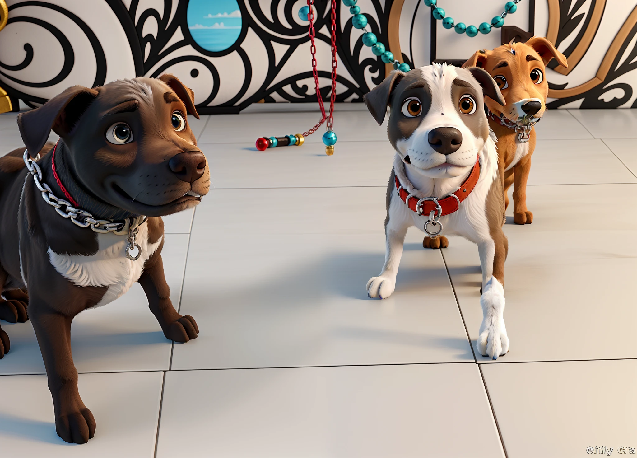 Cachorras amigas juntas, a gray pit bull with a silver chain collar and the second is a white mutt with light brown spots, magra, with blue eyes and is cross-eyed,