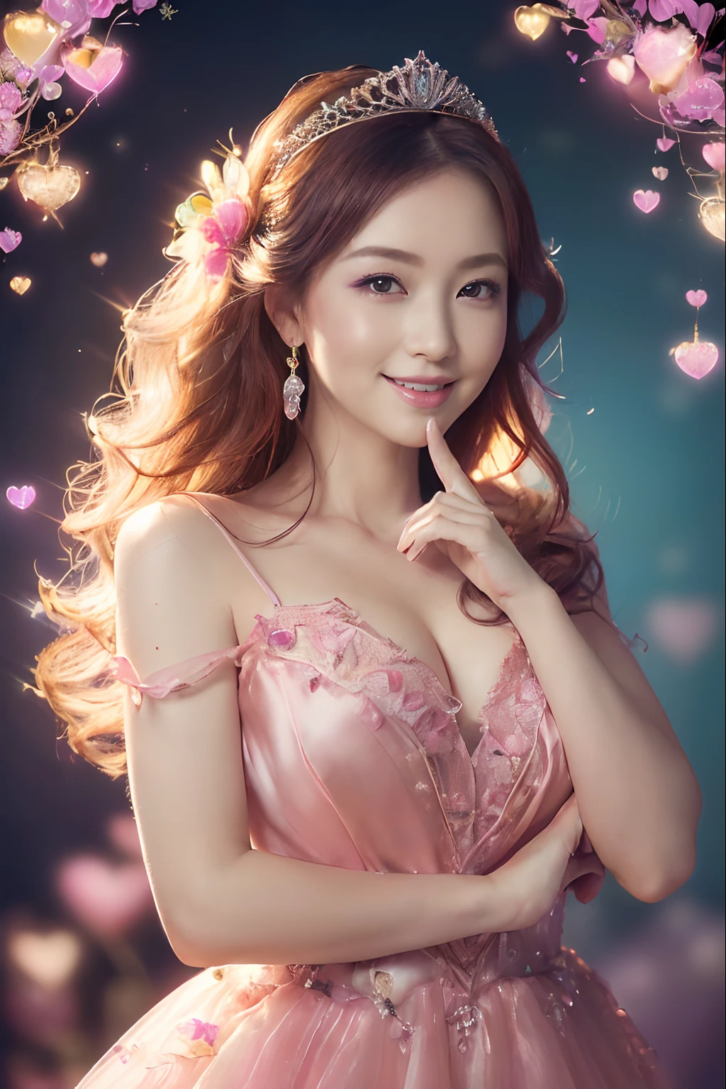 ((One Princess,The most beautiful faces in Japan,40 year old,Photos close to the face,Fairytale princesses,Princess of Hearts,Bright lighting,a high chroma,Vivid,Highly saturated)),((kiss,heart mark,The background is the glow of a heart from a fairy tale,advertisement picture,The background is a sparkling heart,The background is a fairytale space,The background glows fantastically),((A detailed face,Looking at the camera,Light Pink Silk Dress,Fairy tale heart background,Fairy tale princess,large full breasts,smil,Looking at the camera,A smile,Perfect makeup,Long hair,Bright lighting)),((,Perfect fingers,perfect arms,细致背景,top-quality,The ultra -The high-definition,Perfect Anatomy,high-definition RAW color photography,professional photograpy, extremely delicate and beautiful, Extremely detailed,finely detail, Huge file size,Top image quality,8K,Award-Winning Works,masutepiece)