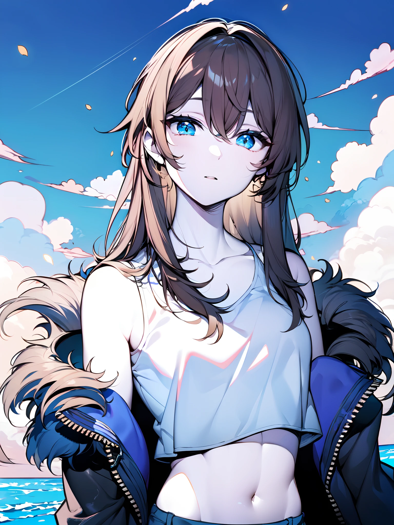 (masterpiece:1.2), (pale skin:1.2), (solo:1.2), (female:1.1), (emphasis lines:1.3), (bracelets:1.1), brown hair, long hair, collarbone, (midriff:1.1), fur jacket, sky, (outdoors:1.1), cloud, bare shoulders, blue eyes, flowers on hair