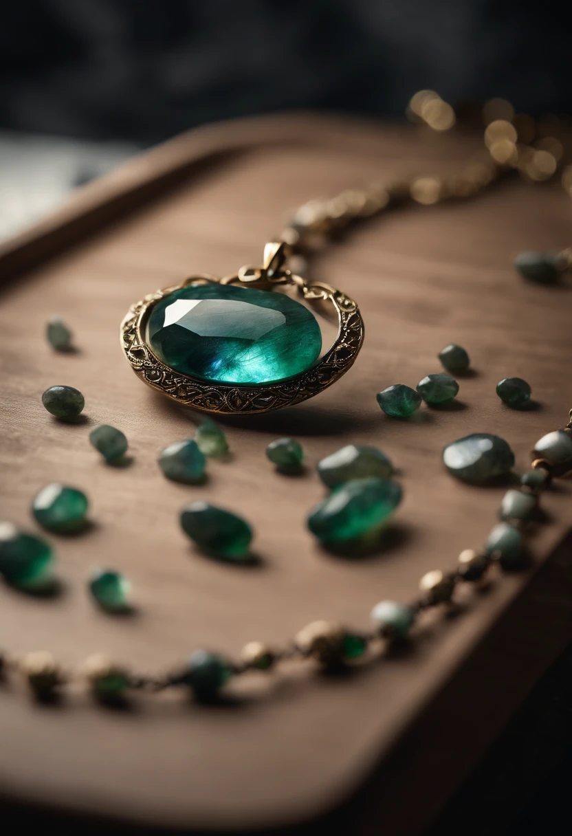 On the table is placed a emerald necklace with a unique design made of natural labradorite,(choker necklace),4k高清,(Real Photographics),Masterpiece, Best quality