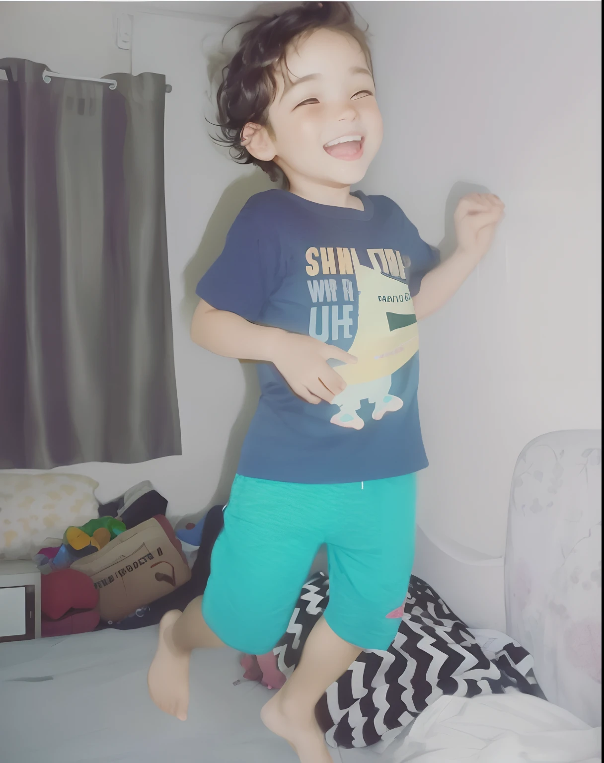 There's a boy jumping on a bed with a remote control, smiling and dancing, 2 anos, he is dancing, inspirado em Abidin Dino, Reyyan, pulando de alegria, musculoso!!, Standing!!, menino bonito, garoto feliz, he is a rockstar, with a happy expression, sorrisinho, Salto, sorriso curto, Correndo livremente