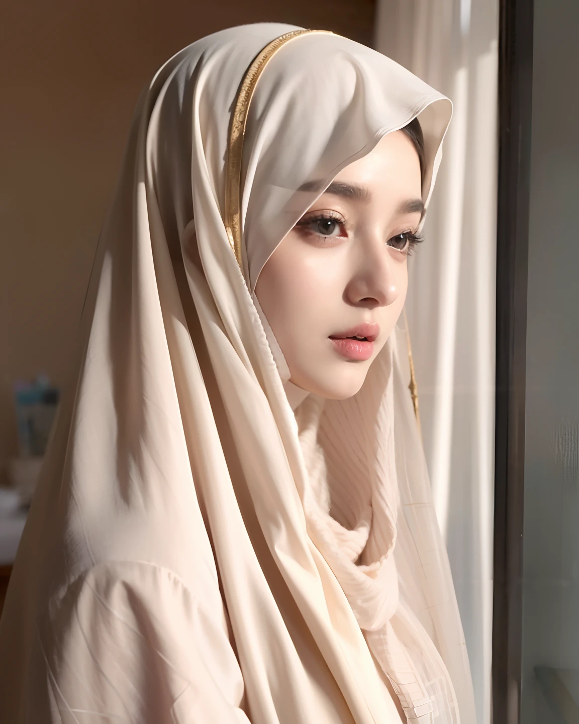 Korean girl, beautiful girl in hijab, 19 year old girl, perfect face, expressive eyes, makeup, eyeshadow, eyeliner, luxurious hijab, patterned hijab, hijab decoration, shiny lips, holding book, in the library,