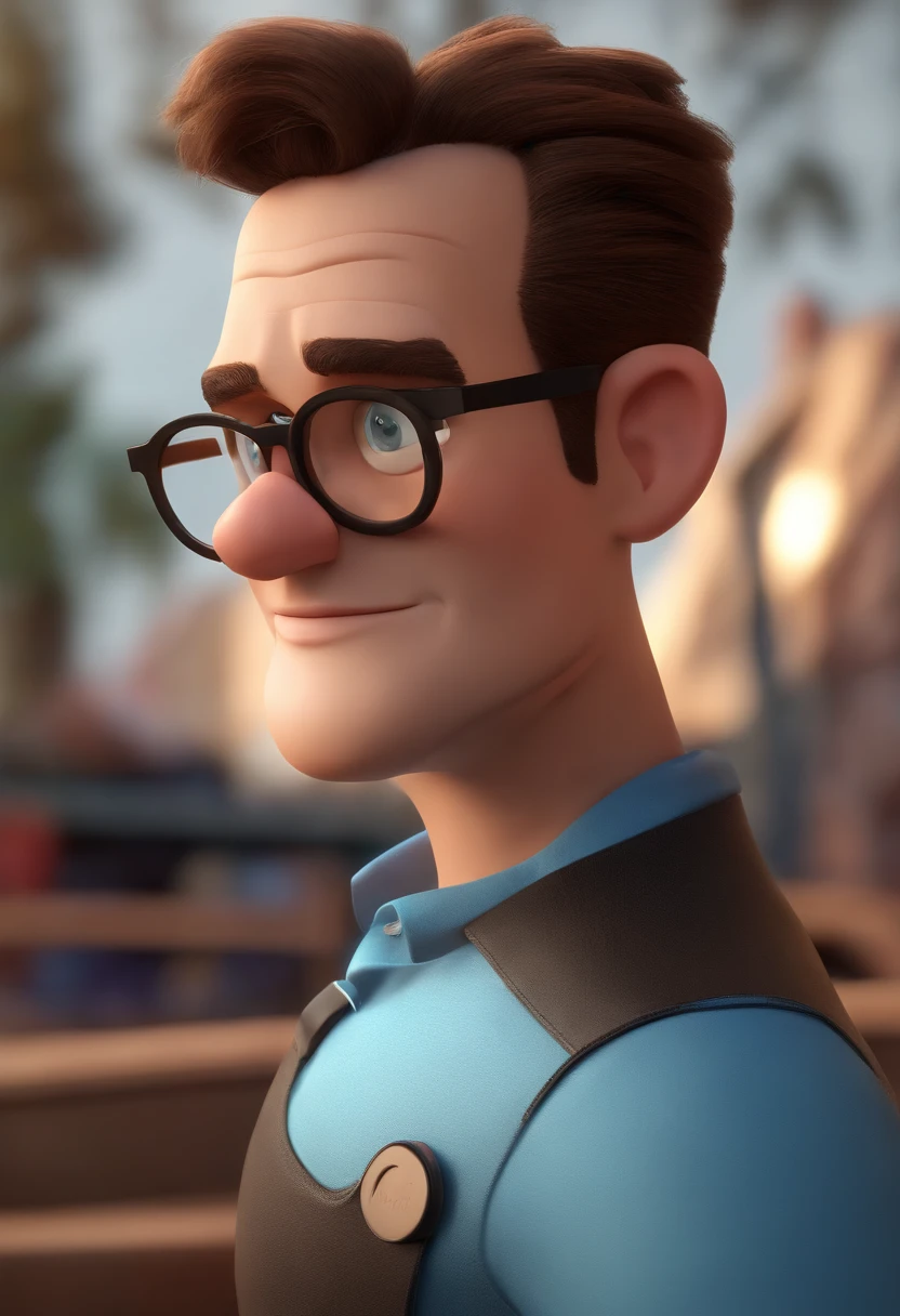 Cartoon character of a man wearing black glasses and a blue shirt, um personagem animado, Caractere estilizado, animation style rendering, 3D estilizado, Arnold Maya render, 3 d render stylized, toon render keyshot, Personagem 3D, Personagem 3D, 3d rendering stylized, 3 d character render, personagem de desenho animado, Personagem de close up, Pose de personagem, (Estilo Pixar) (master part:1.2) (Bokeh) (best quality) (pele detalhada) (textura detalhada) (8k) (argila) (Cinematic lighting) (foco nítido,Senta e vaza a parte superior do corpo