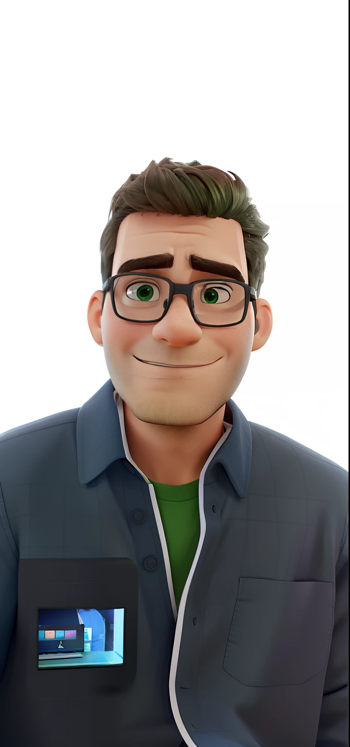 homem na frente da mesa em frente ao computador, with mechanical designs on the screen. Homem com barba, olhos verdes, cabelo raspado, quadro com diploma na parede, folded arms, camisa azul.