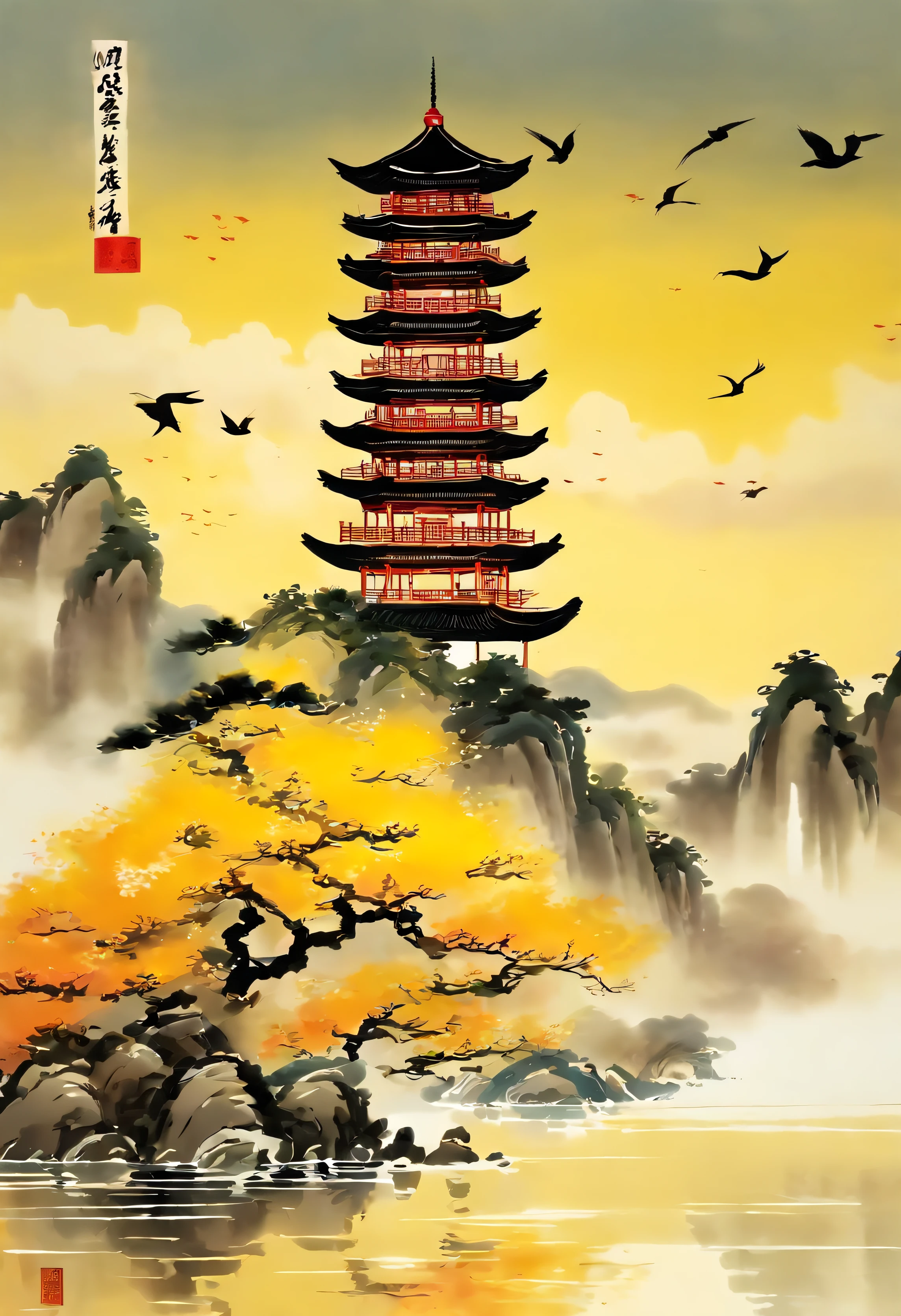 Yellow crane tower ,Dongting Lake,In the distance, The water and sky are colorful,Tradition Chinese Ink Painting,wide high angle view,Beautiful poster,Qi Baishi