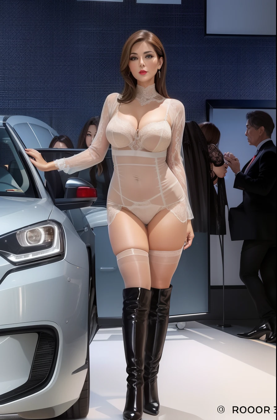 Photo of a 50-year-old woman with brown hair, a captivating gaze, Brown eyes, Wrinkles on her face, Black pantyhose,Black High Heel Boots,She wears very sexy lingerie underwear、、Revealing her large sagging breasts, Light makeup and red lips. 32K
