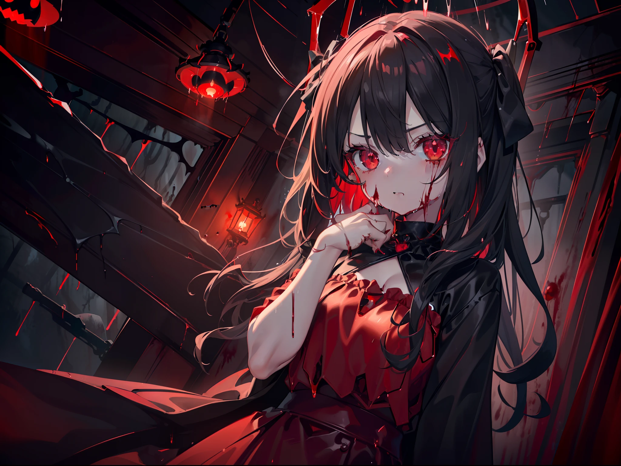 1 li girl , (being tortured) , cowboy shot , character focus , bare breasts, (rape face) ,bloody ,black long straight hair, hair ribbon , red eyes, glowing eyes, (spotlighting), ((horror)) ,((masterpiece)), ((best quality)), ((ultra-detailed)), (illustration), ((an extremely delicate and beautiful))