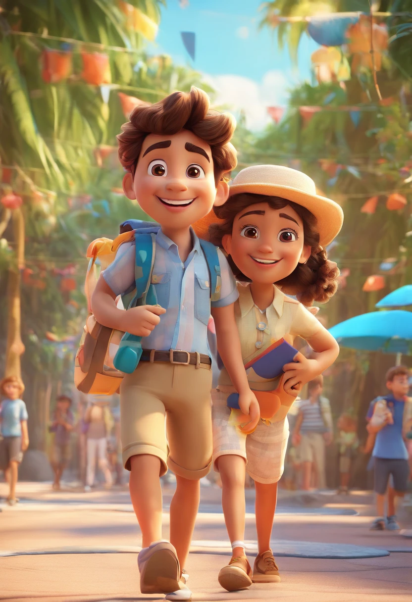 Cartoon of friends having fun on vacation together,  3D Animation Movie Poster, Poster de filme animado, pixar 3 d animation style, pixar renderman rendering, maia 8 mil, animated film, Disney Pixar Estilo 3D, amigos felizes saem juntos, all wearing light blue shirts and cream brown long pants, camisa azul clara, cream brown pants, ao ar livre, vacation, Disney Pixar Animation Poster