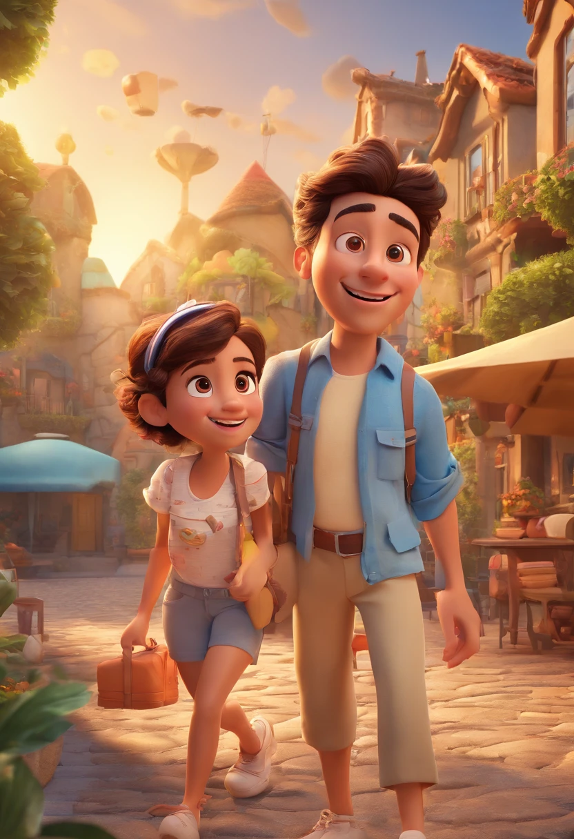 Cartoon of friends having fun on vacation together,  3D Animation Movie Poster, Poster de filme animado, pixar 3 d animation style, pixar renderman rendering, maia 8 mil, animated film, Disney Pixar Estilo 3D, amigos felizes saem juntos, all wearing light blue shirts and cream brown long pants, camisa azul clara, cream brown pants, ao ar livre, vacation, Disney Pixar Animation Poster
