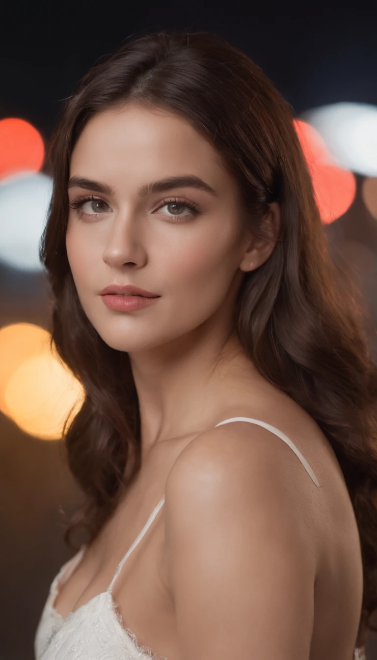 Menina europeia, 20 anos, olhos verdes, cabelos loiros escuros ondulados, face redonda, Sorridente, boca aberta, baixa estatura, Voluptuoso e sexy, Camisa branca vestida meio aberta, Saia xadrez curta com cores vermelha e preta, seios medio, Fotorealista, Concentrado, max quality, artistic work, City background at night with neon lights