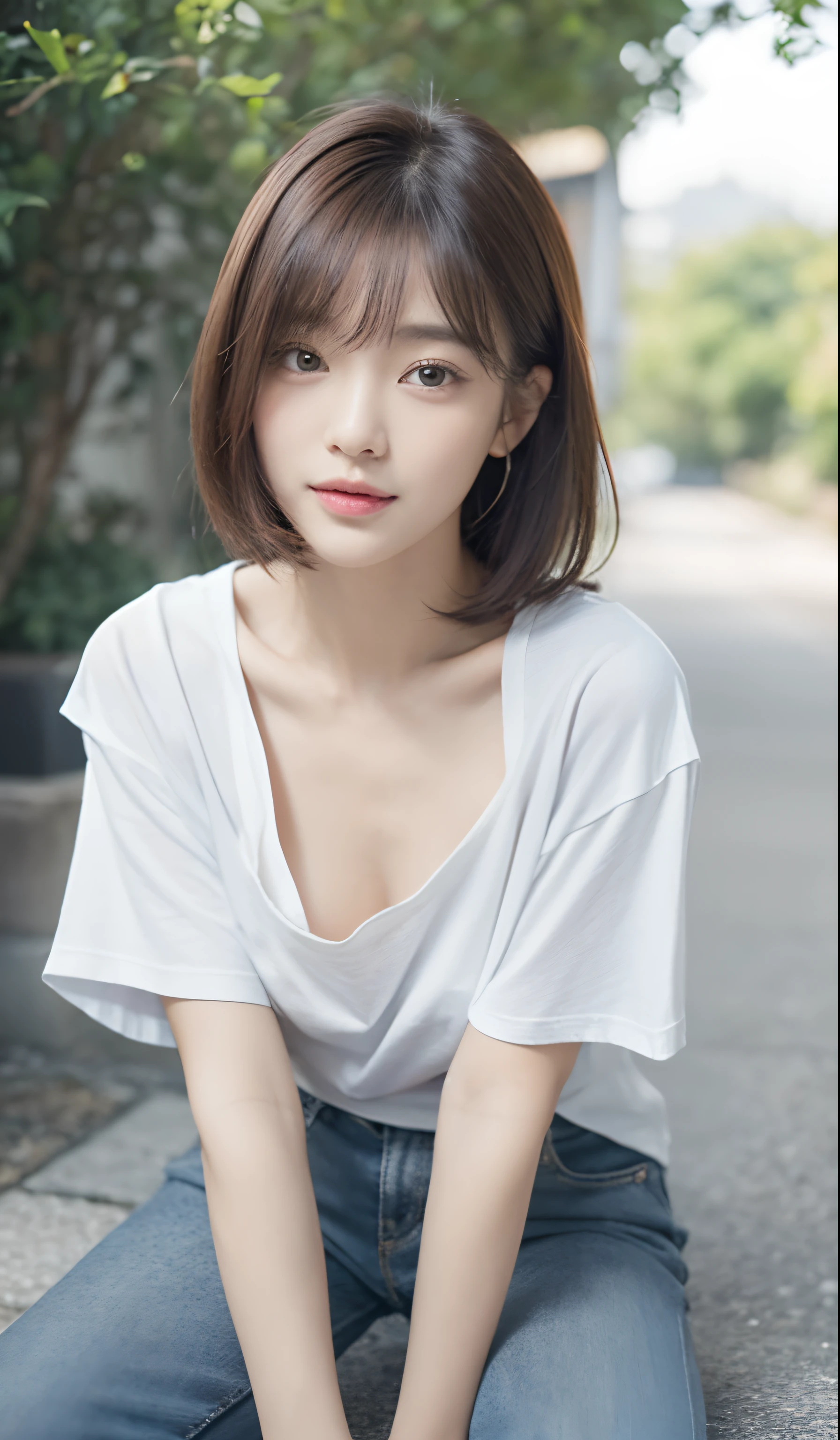 masterpiece, top-quality, 1 beautiful girl, (Detailed beautiful eyes), ((Detailed skin)) , ((Detailed medium hair)), A beautiful girl, colorfull, RAW photos, Camera angle behind, sitting, CG rendering, Blurred background, deep shadow, 16K, bokered, Very detailed, wallpaper, depth of field, movie light, Ray tracing.