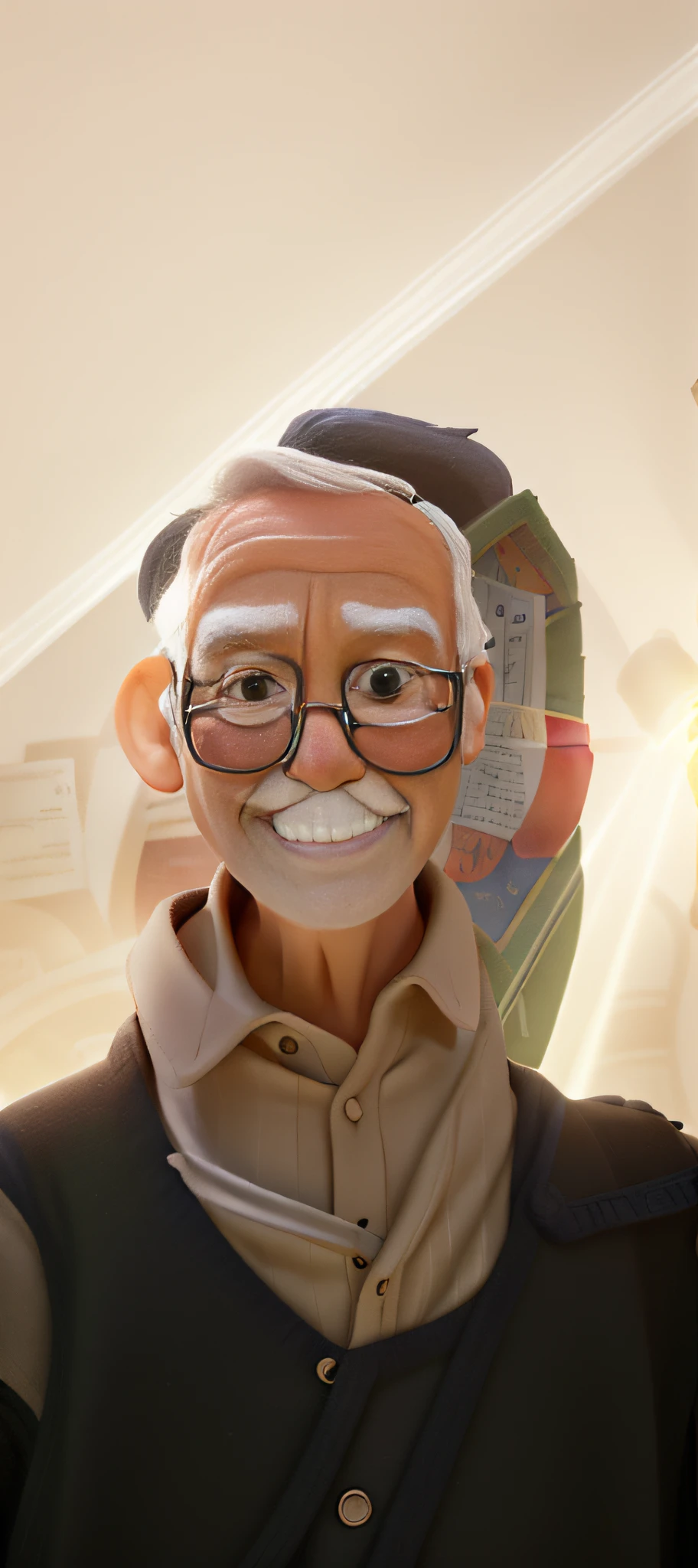A wise old man standing in front, illuminated by the light of a lamp, against the backdrop of a library