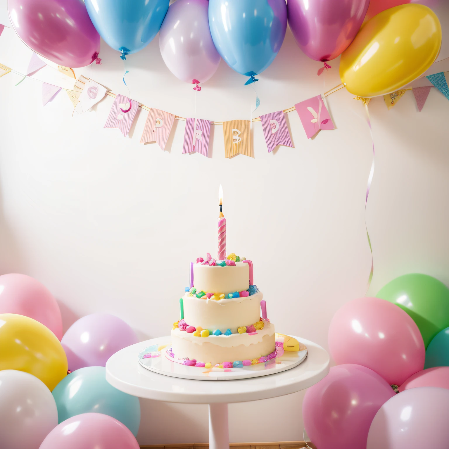 Birthday party with delicious cake, There are birthday candles and colorful balloons, Hung a happy birthday banner,Stack gifts