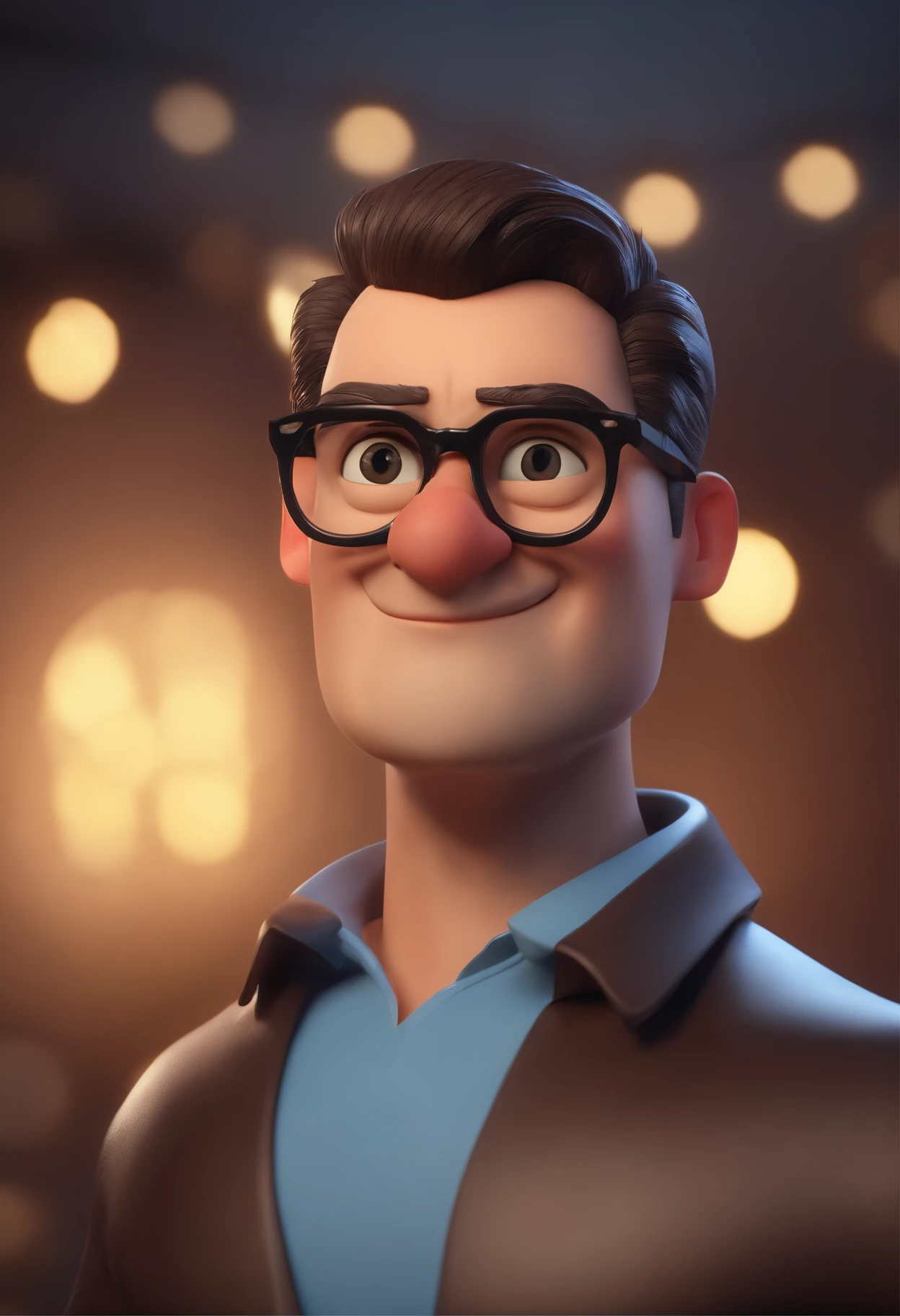 Cartoon character of a man wearing black glasses and a blue shirt, um personagem animado, Caractere estilizado, animation style rendering, 3D estilizado, Arnold Maya render, 3 d render stylized, toon render keyshot, Personagem 3D, Personagem 3D, 3d rendering stylized, 3 d character render, personagem de desenho animado, Personagem de close up, Pose de personagem, (Estilo Pixar) (master part:1.2) (Bokeh) (best quality) (pele detalhada) (textura detalhada) (8k) (argila) (Cinematic lighting) (foco nítido，Senta e vaza a parte superior do corpo