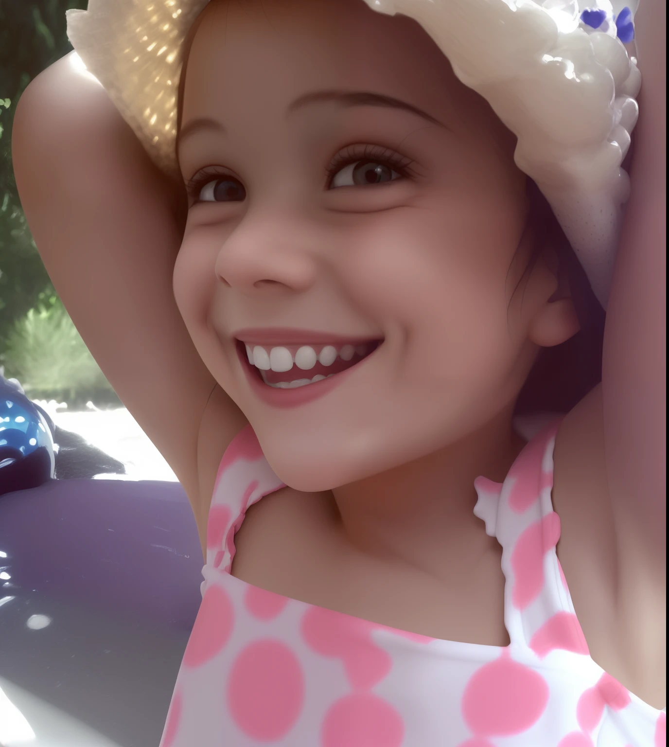 There's a girl who's smiling and wearing a hat, 2 anos, bonito e sorridente, sorriso doce, grande sorriso em seu rosto, sorrindo como uma rainha de fadas, sorrindo de cima, lovely smile, sorriso bonito, sorriso bonito,  feliz, she is smiling and happy, sorriso bonito, meninadente, sorridente, bochechas cheias, sorriso inocente